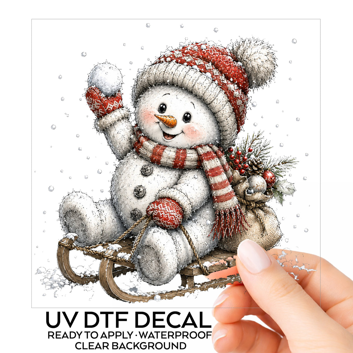 Snowball Snowman On Sled UV DTF sticker on its backing card, held in hand