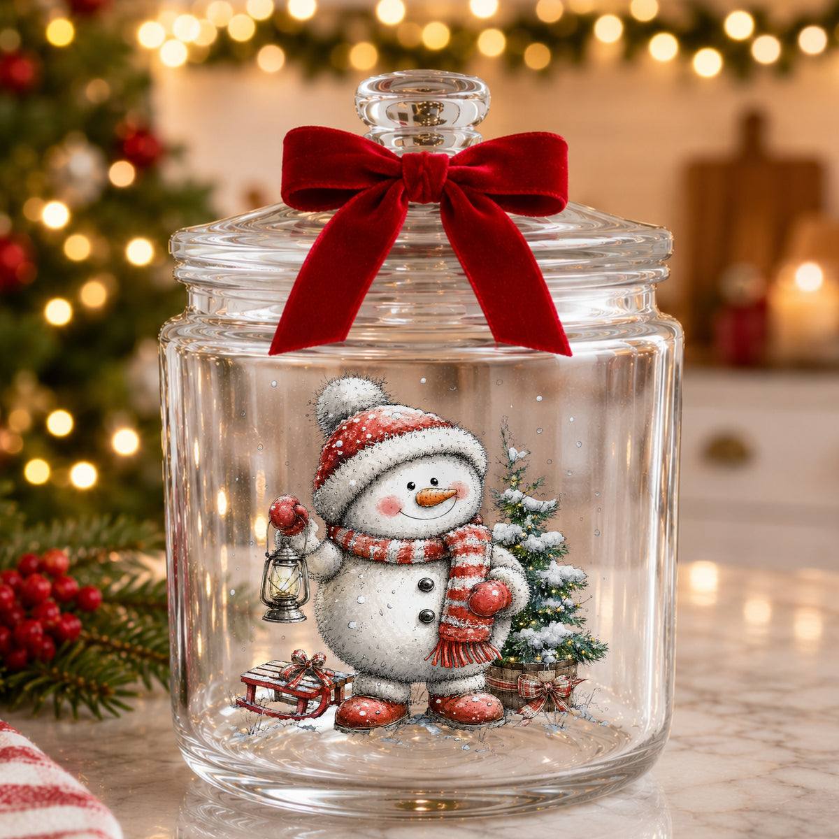 Striped Scarf Snowman With Lantern UV DTF sticker applied to a glass candy jar tied with a red bow