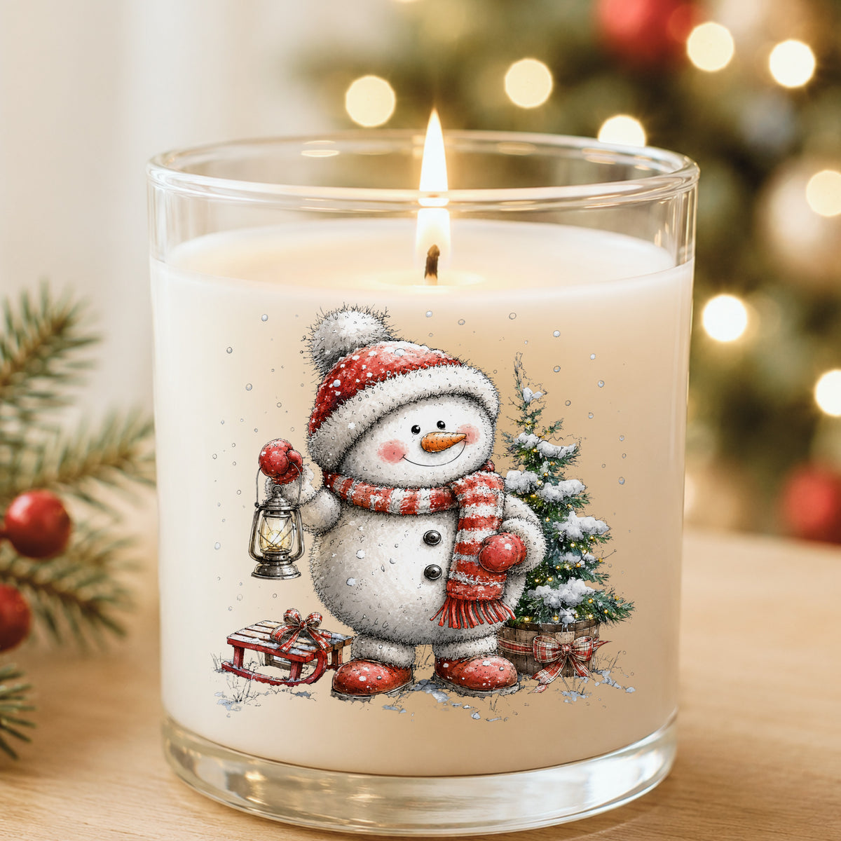 Striped Scarf Snowman With Lantern UV DTF sticker applied to a white candle in a glass holder near Christmas lights