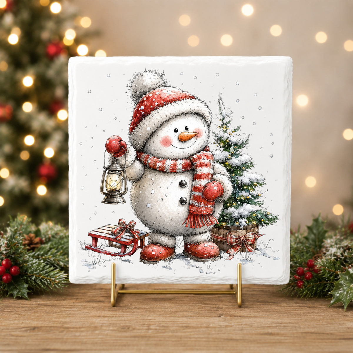 Striped Scarf Snowman With Lantern UV DTF sticker applied to a white tile on a gold stand