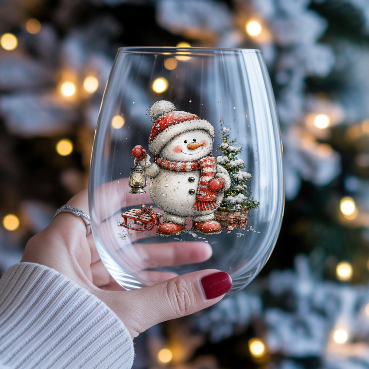 Striped Scarf Snowman With Lantern UV DTF sticker applied to a stemless wine glass held in hand