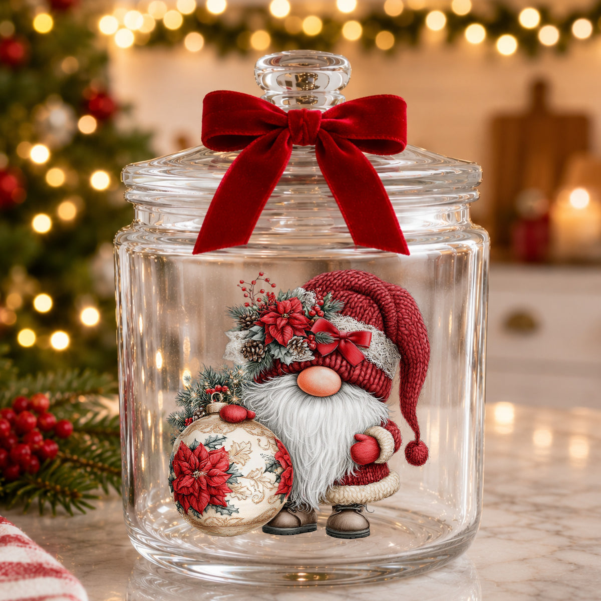 Christmas Gnome With Poinsettia Ornament UV DTF sticker applied to a glass candy jar tied with a red bow