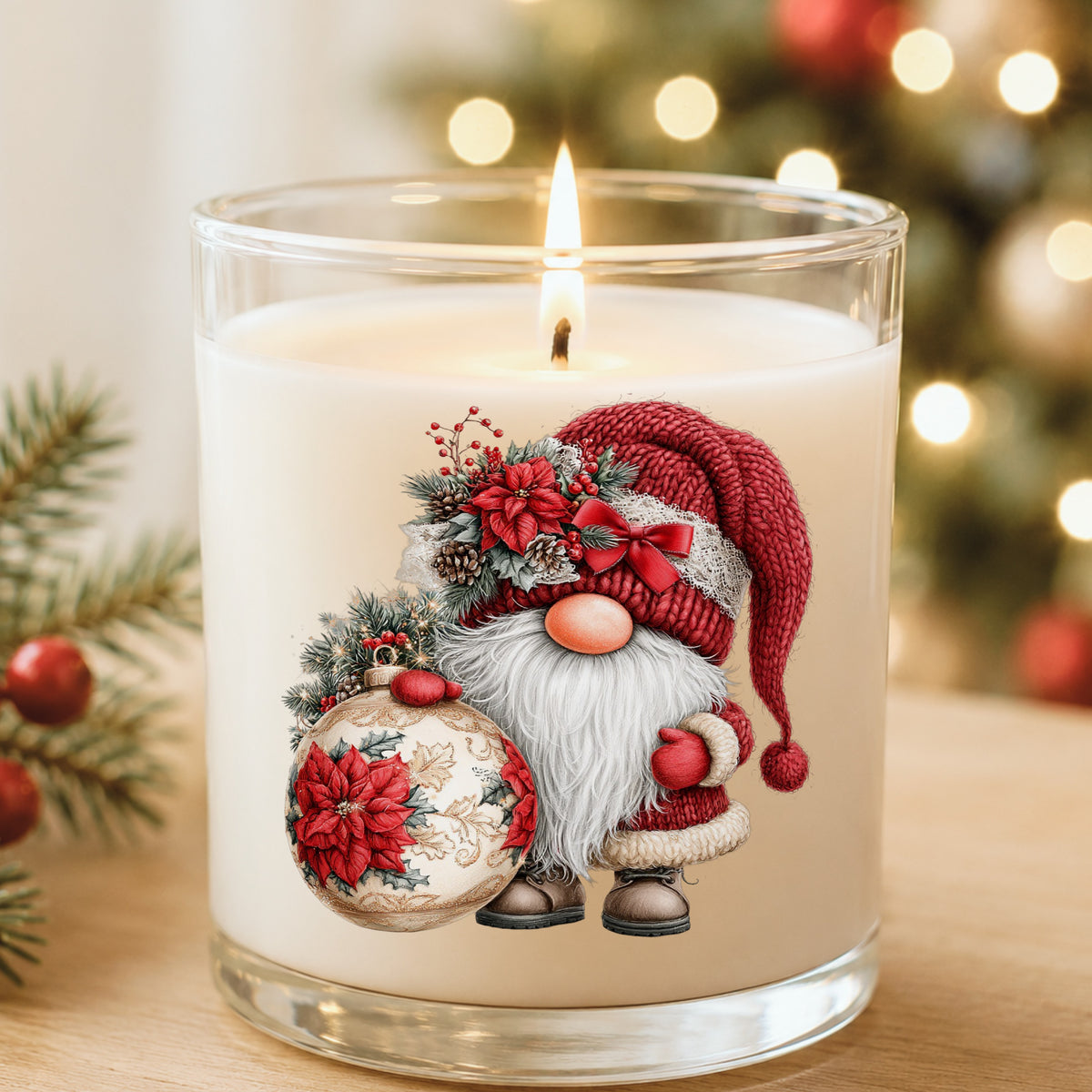 Christmas Gnome With Poinsettia Ornament UV DTF sticker applied to a white candle in a glass holder near Christmas lights