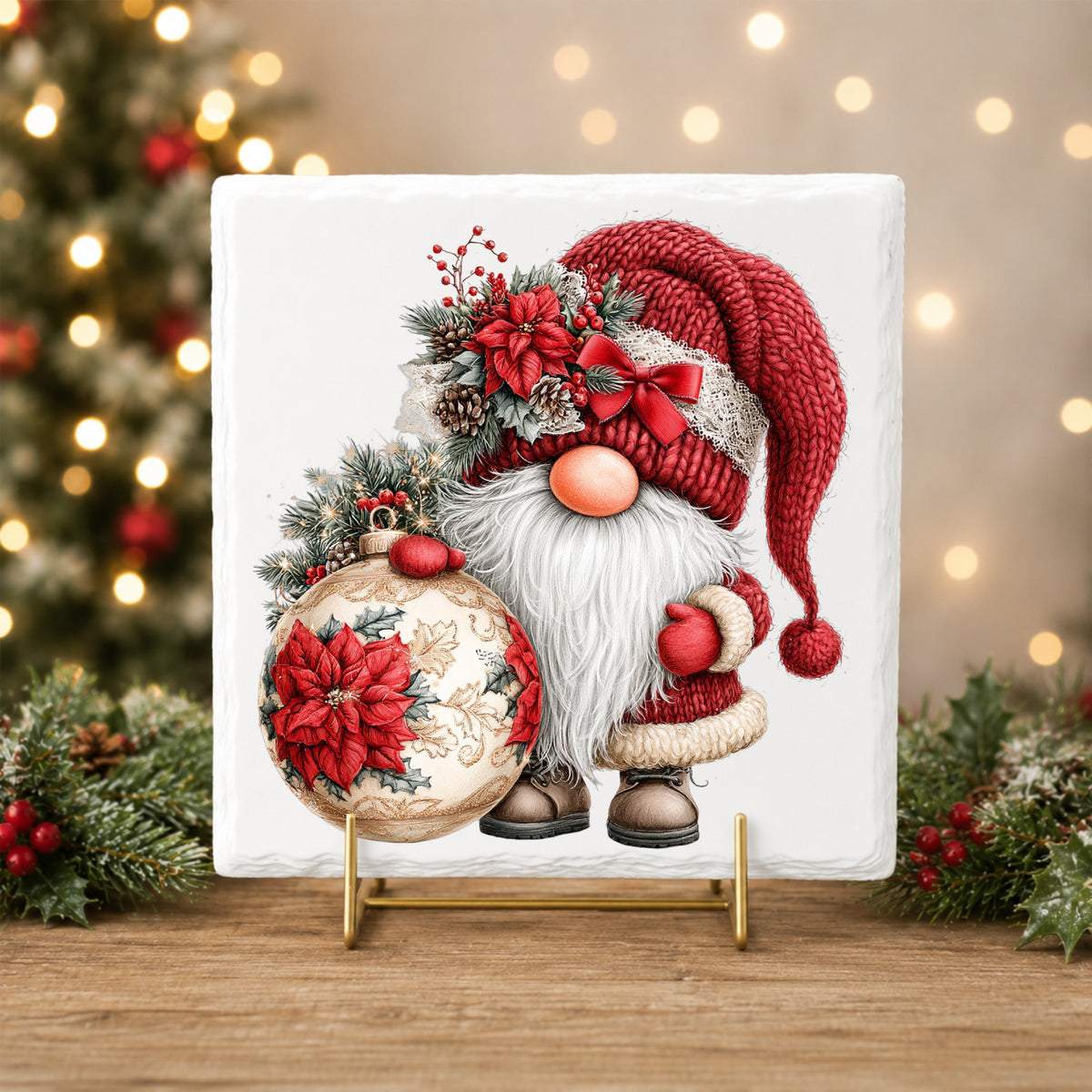 Christmas Gnome With Poinsettia Ornament UV DTF sticker applied to a white tile on a gold stand