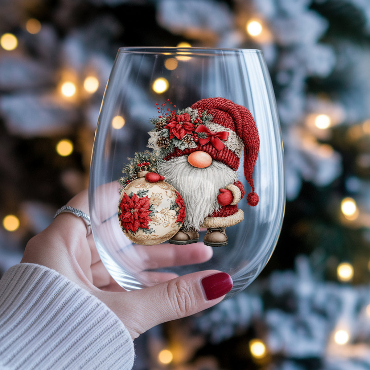 Christmas Gnome With Poinsettia Ornament UV DTF sticker applied to a stemless wine glass held in hand