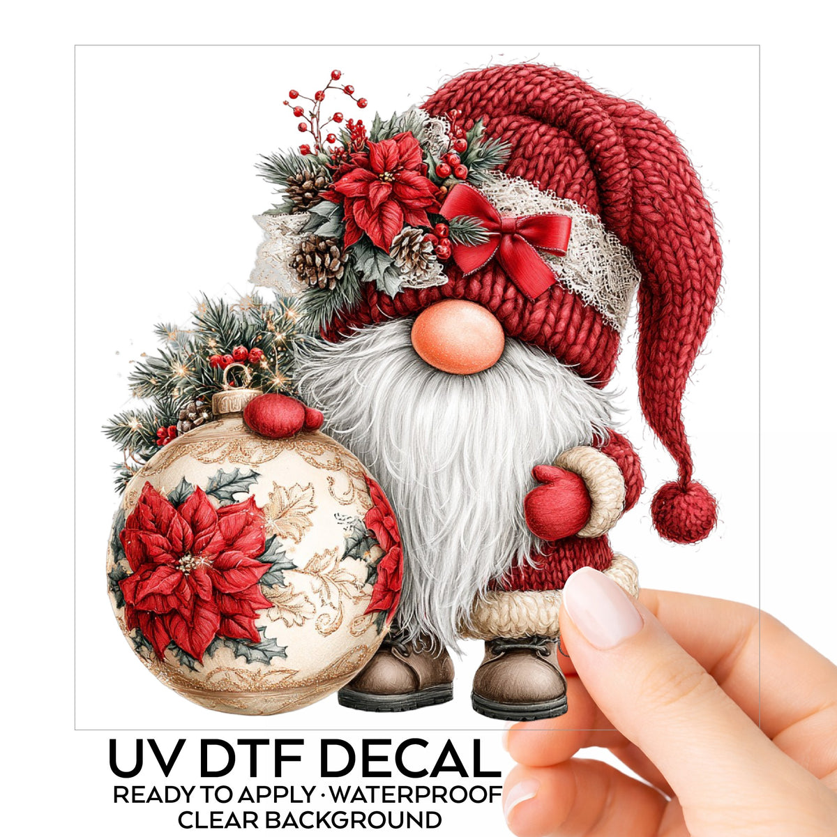 Christmas Gnome With Poinsettia Ornament UV DTF sticker on its backing card, held in hand