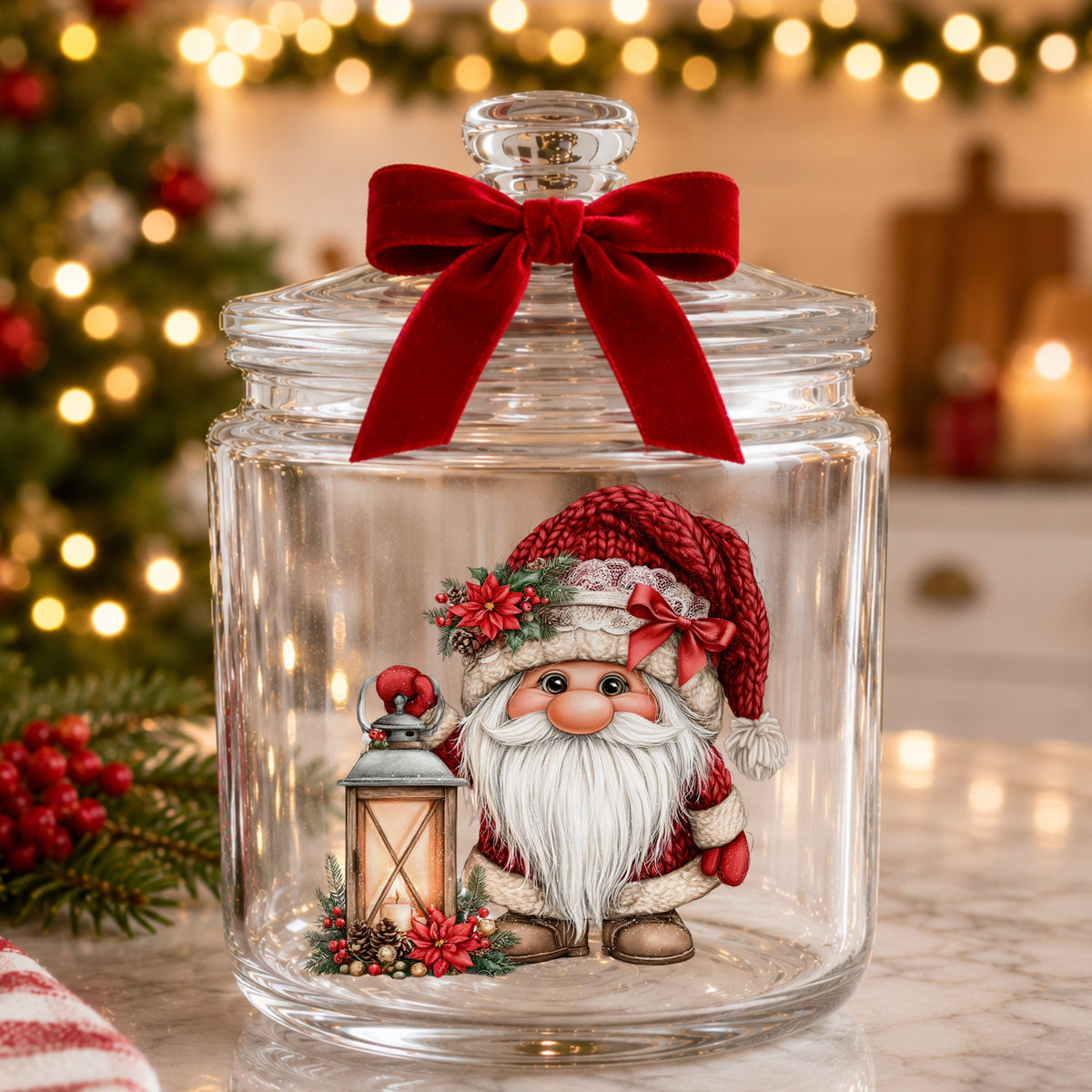 Gnome With Glowing Lantern UV DTF sticker applied to a glass candy jar tied with a red bow
