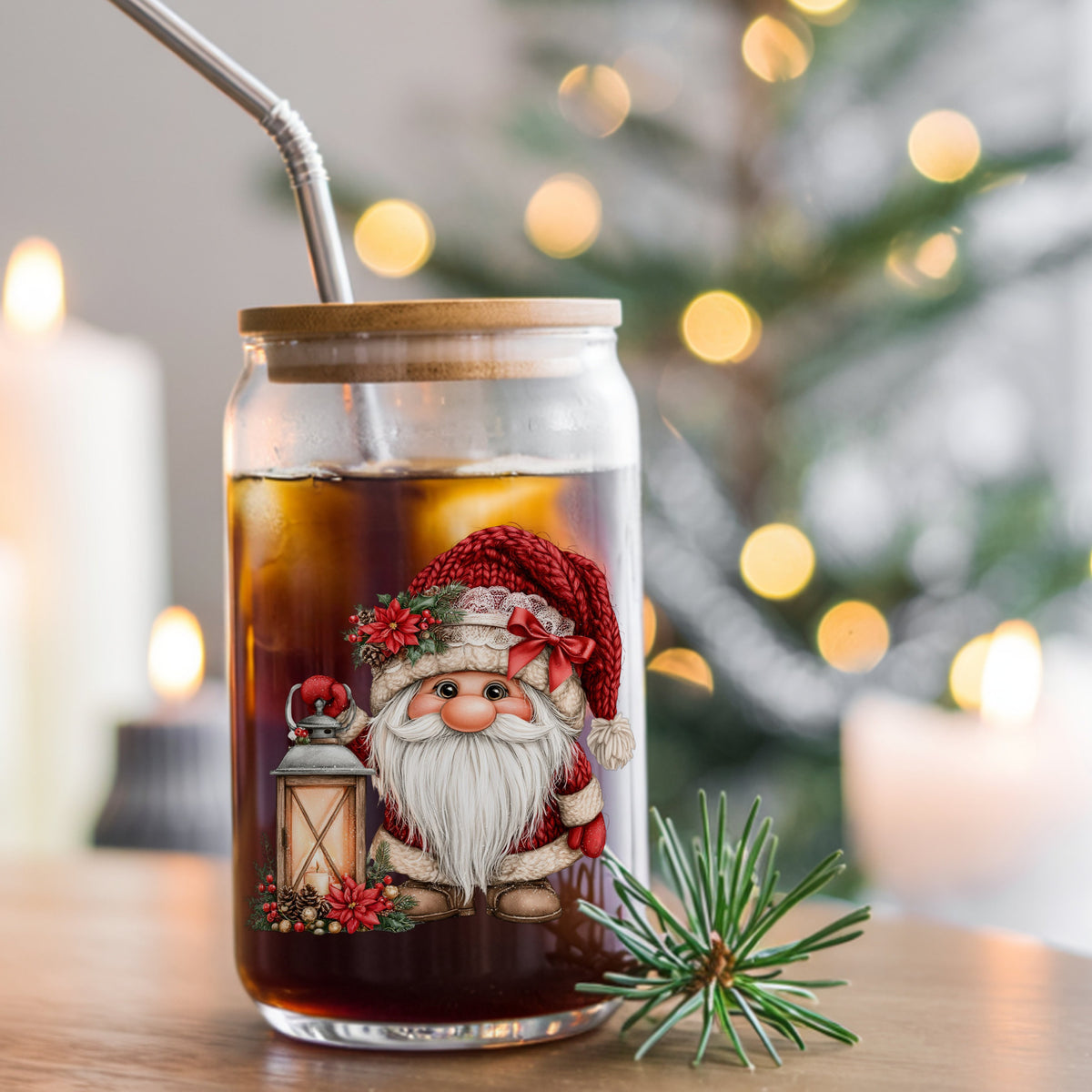 Gnome With Glowing Lantern UV DTF sticker applied to a glass can cup of iced coffee with a straw