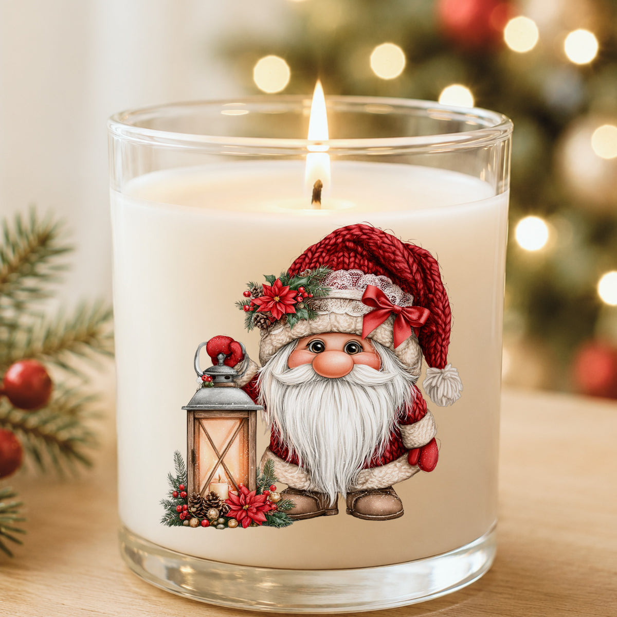 Gnome With Glowing Lantern UV DTF sticker applied to a white candle in a glass holder near Christmas lights