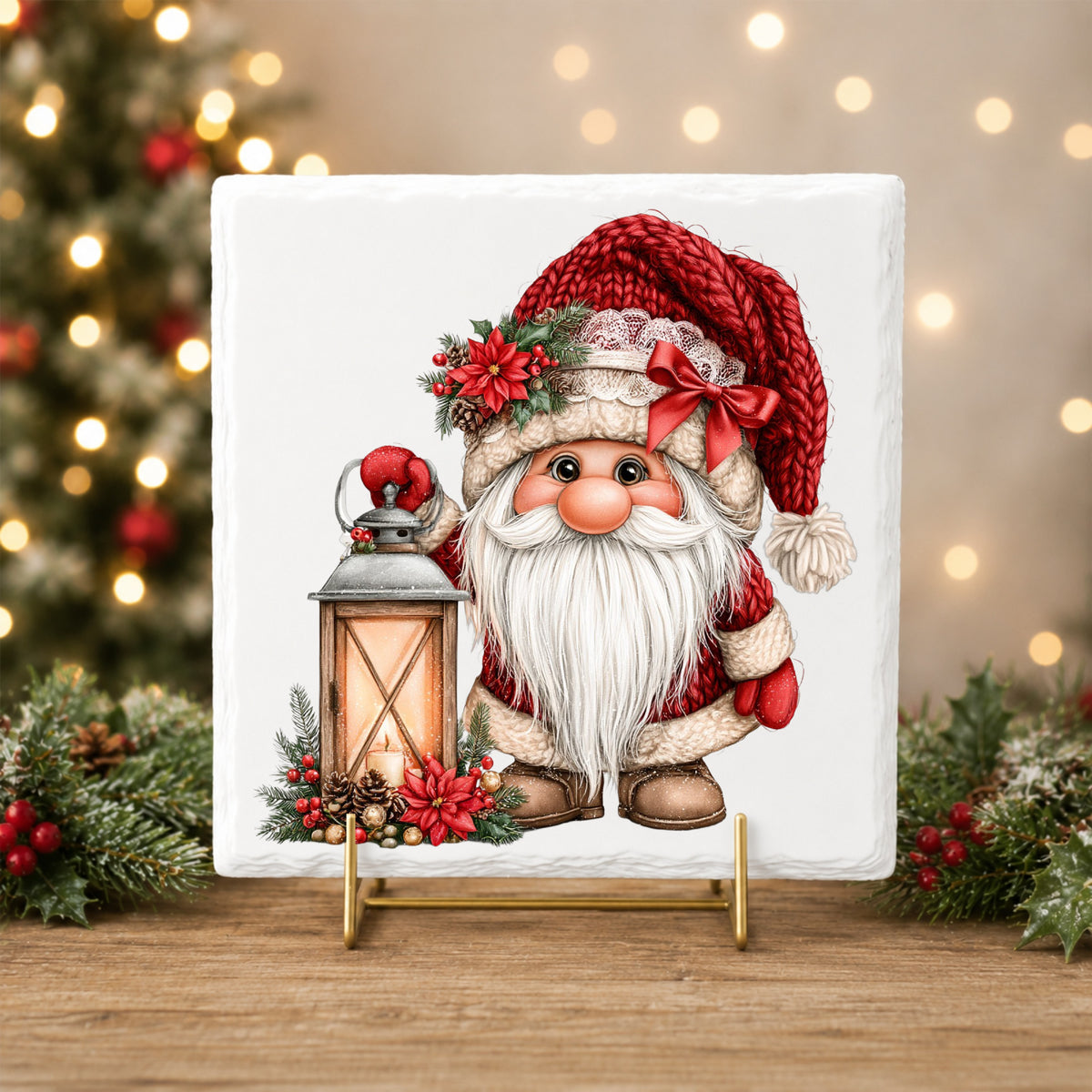 Gnome With Glowing Lantern UV DTF sticker applied to a white tile on a gold stand