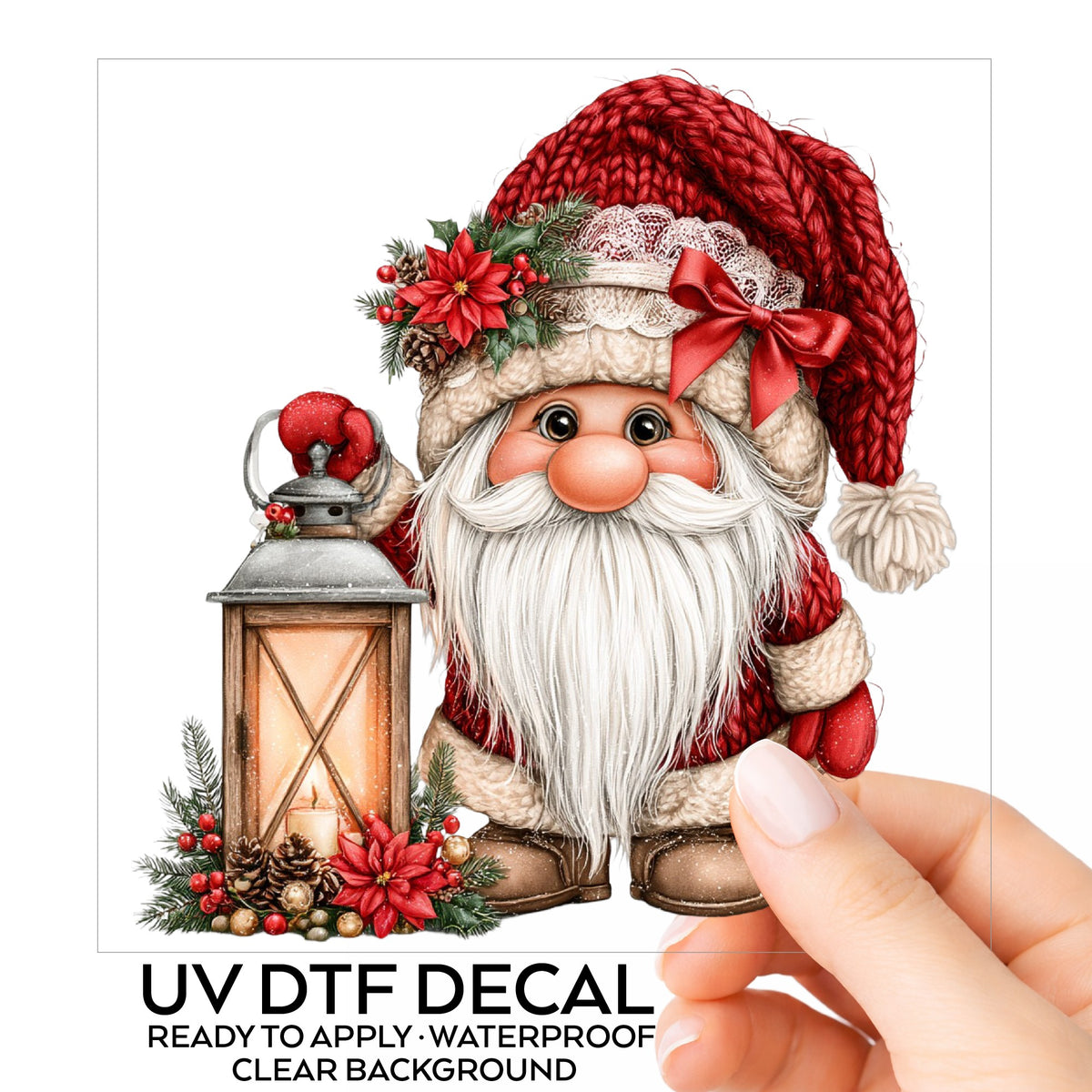 Gnome With Glowing Lantern UV DTF sticker on its backing card, held in hand