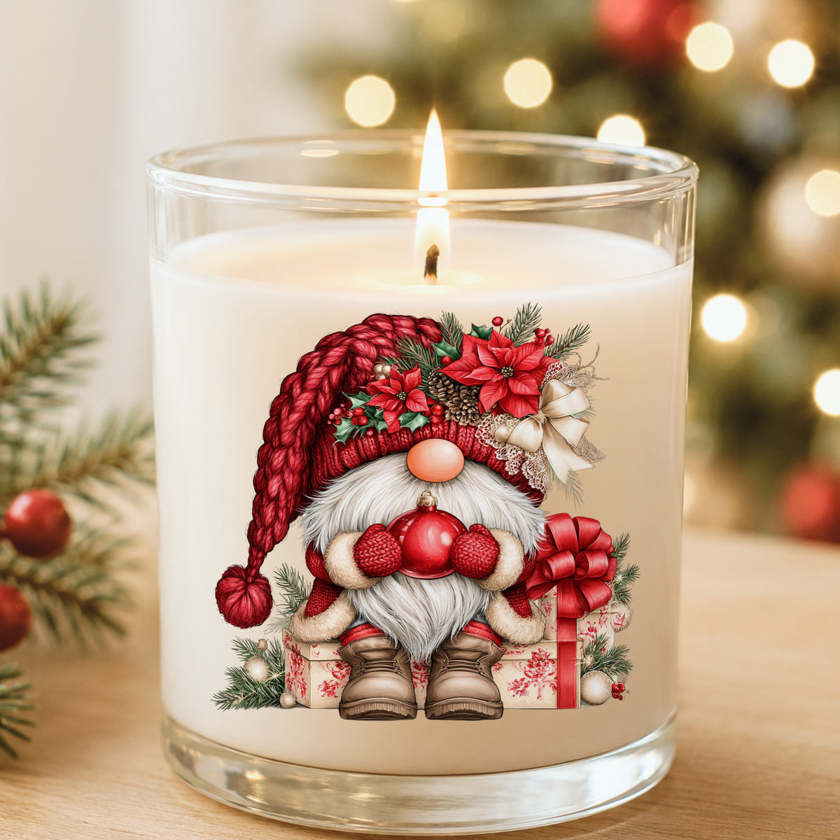 Gnome Holding Red Ornament UV DTF sticker applied to a white candle in a glass holder near Christmas lights