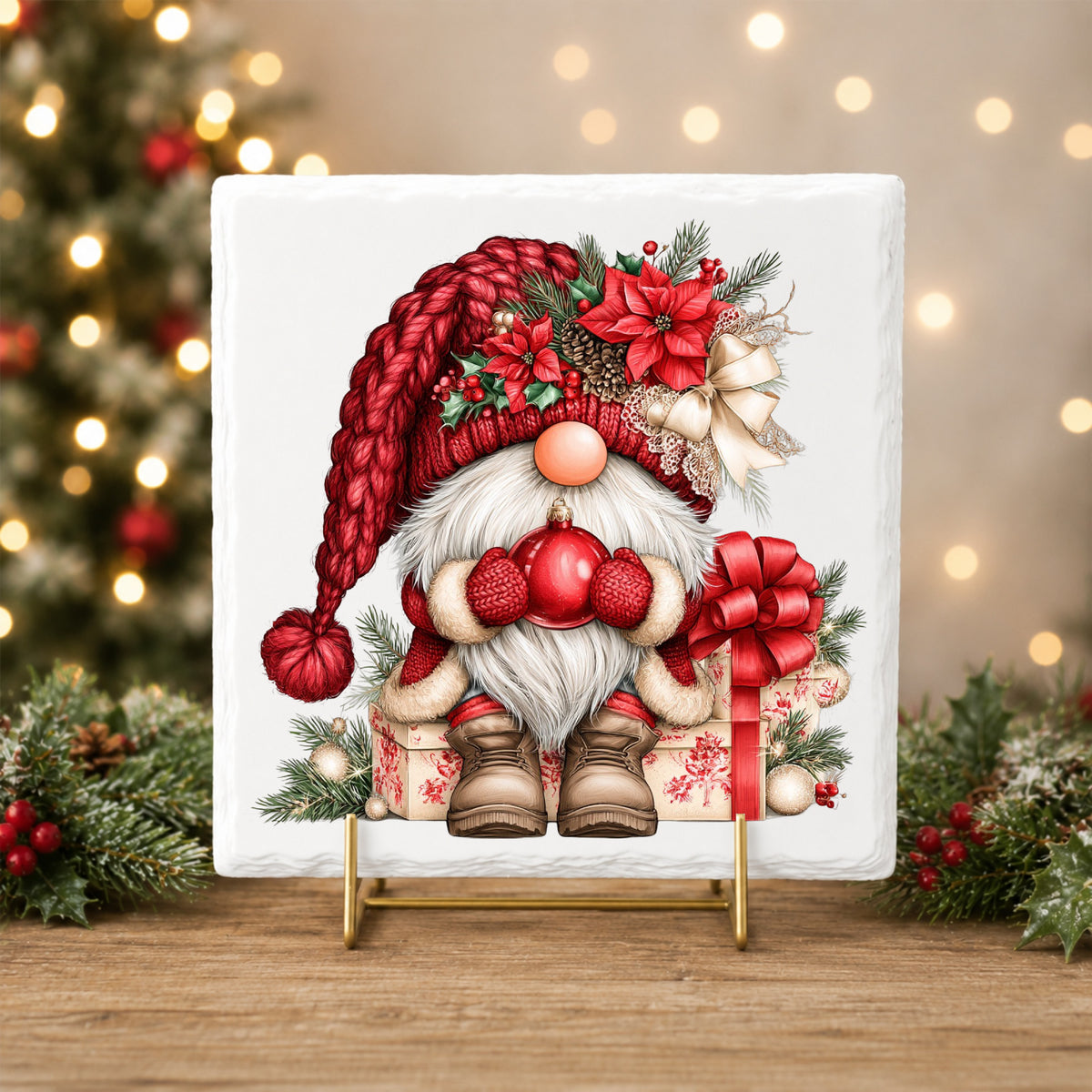 Gnome Holding Red Ornament UV DTF sticker applied to a white tile on a gold stand