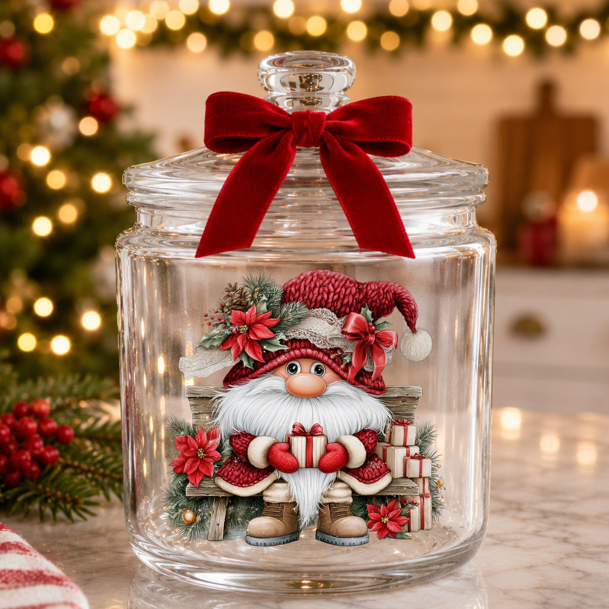 Gnome On Wooden Bench With Gifts UV DTF sticker applied to a glass candy jar tied with a red bow