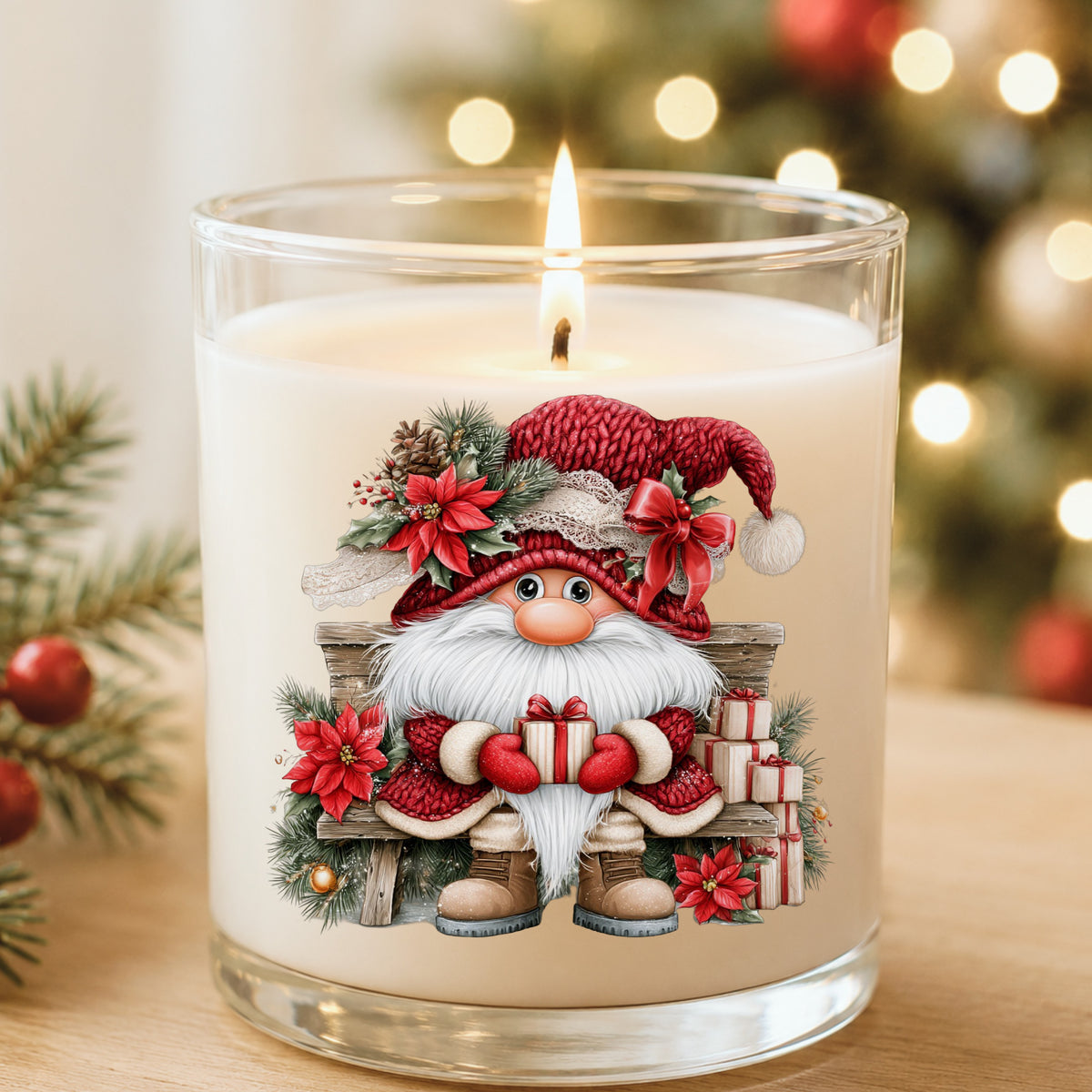 Gnome On Wooden Bench With Gifts UV DTF sticker applied to a white candle in a glass holder near Christmas lights