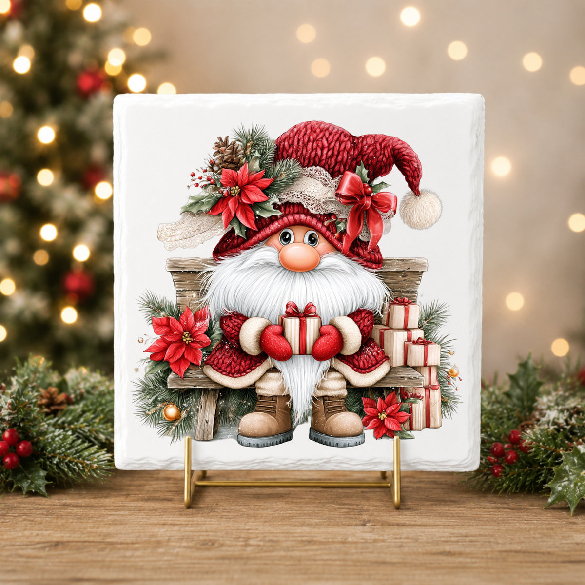Gnome On Wooden Bench With Gifts UV DTF sticker applied to a white tile on a gold stand