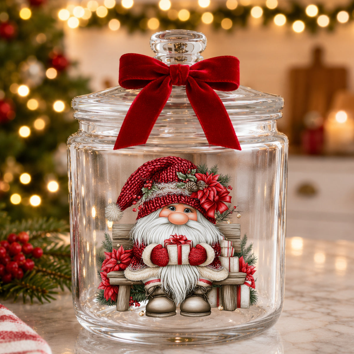 Gnome Sitting On Bench With Poinsettias UV DTF sticker applied to a glass candy jar tied with a red bow