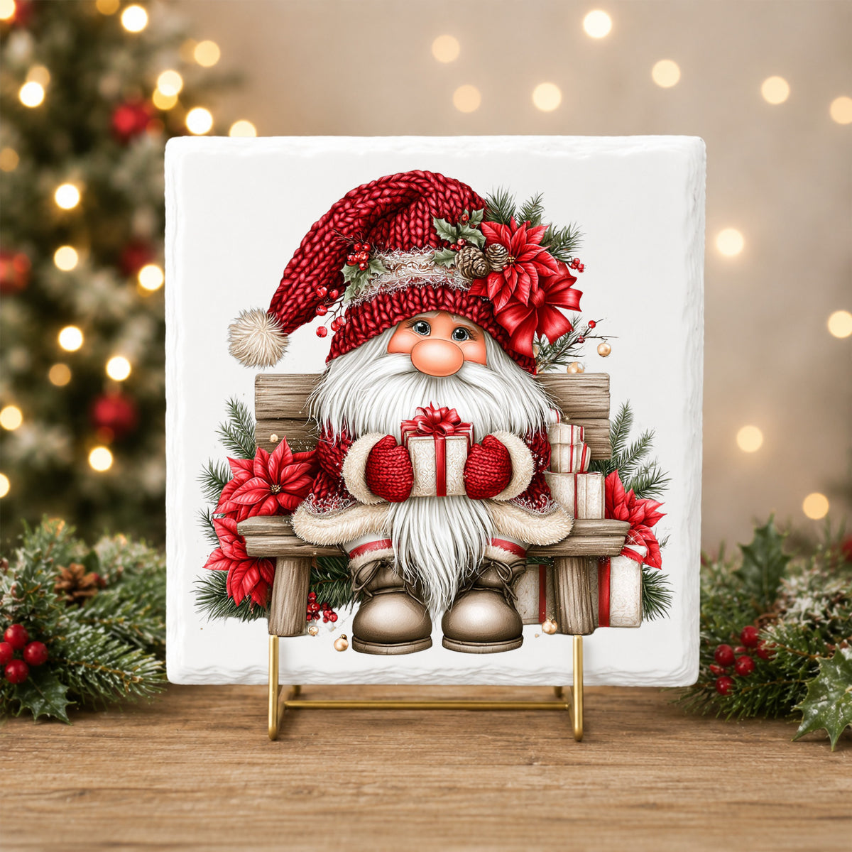 Gnome Sitting On Bench With Poinsettias UV DTF sticker applied to a white tile on a gold stand