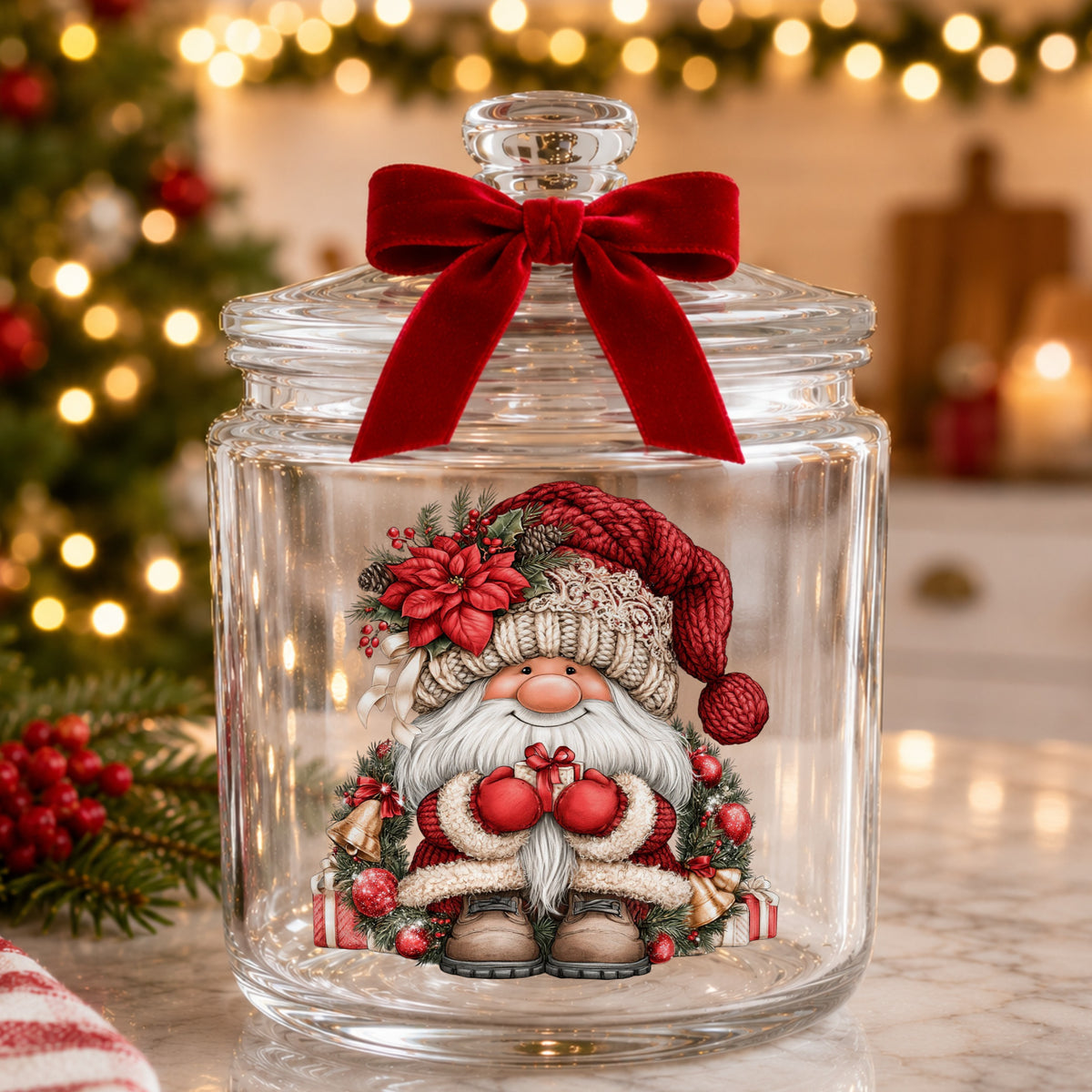 Gnome With Gold Bells And Cream Hat UV DTF sticker applied to a glass candy jar tied with a red bow