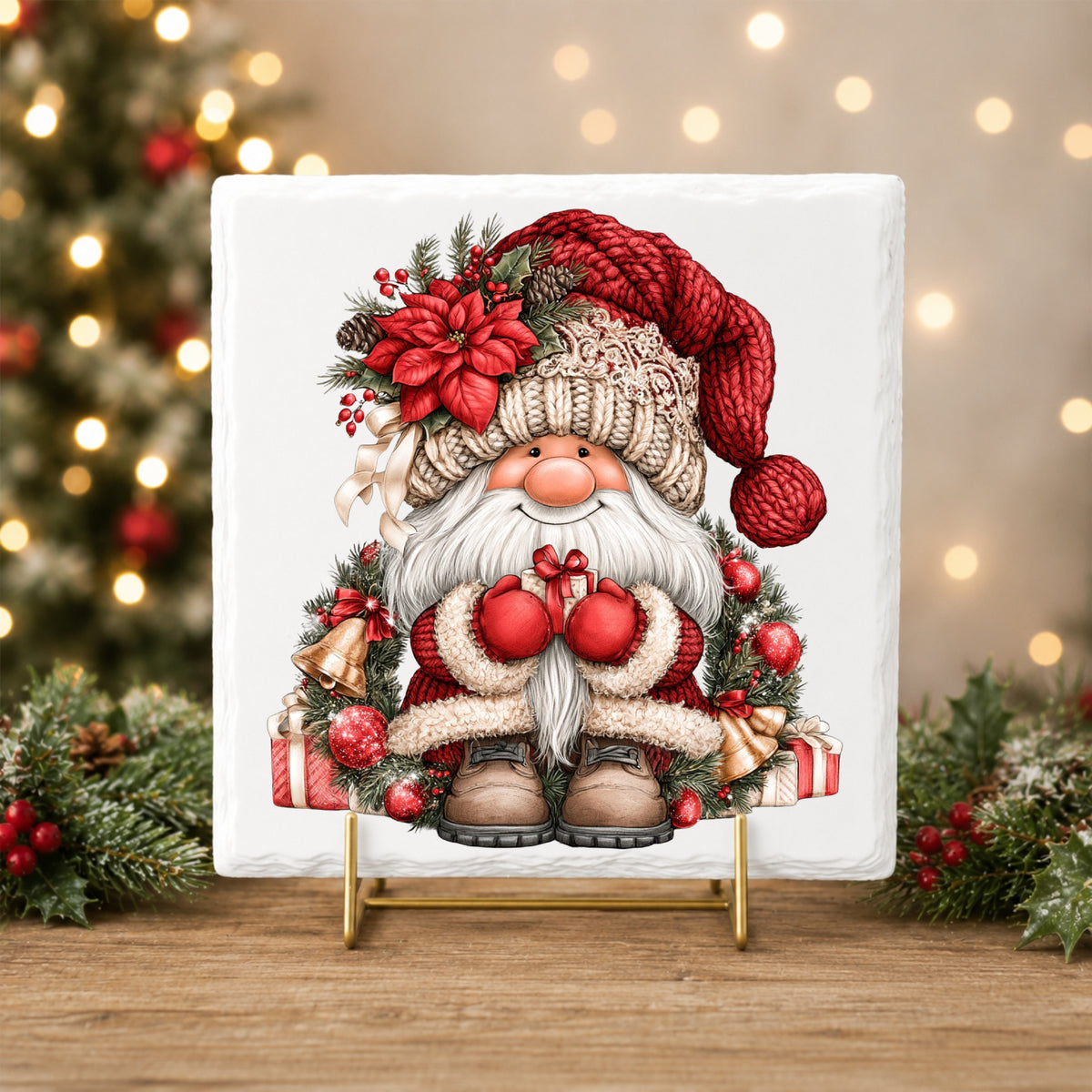 Gnome With Gold Bells And Cream Hat UV DTF sticker applied to a white tile on a gold stand