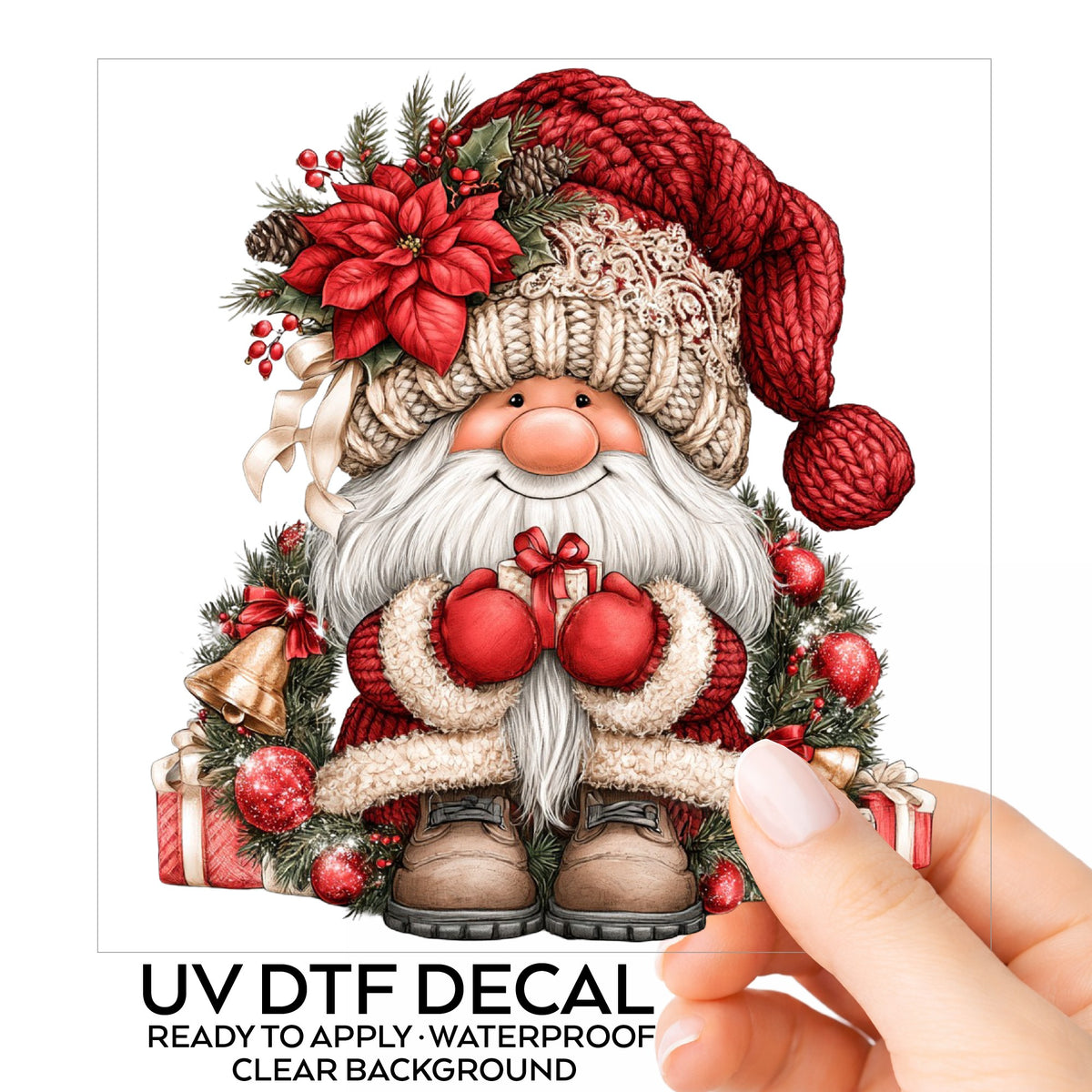 Gnome With Gold Bells And Cream Hat UV DTF sticker on its backing card, held in hand