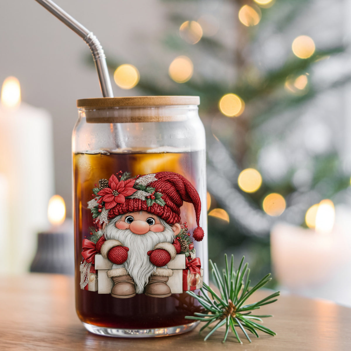 Gnome Sitting On Gift Boxes UV DTF sticker applied to a glass can cup of iced coffee with a straw