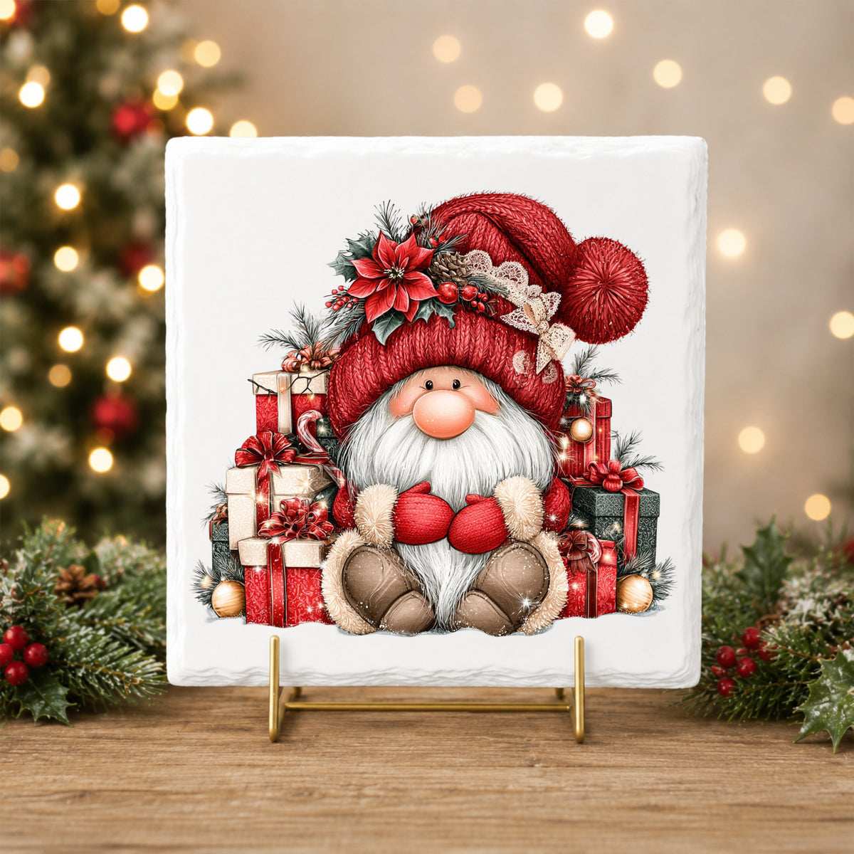 Gnome With Pile Of Presents UV DTF sticker applied to a white tile on a gold stand
