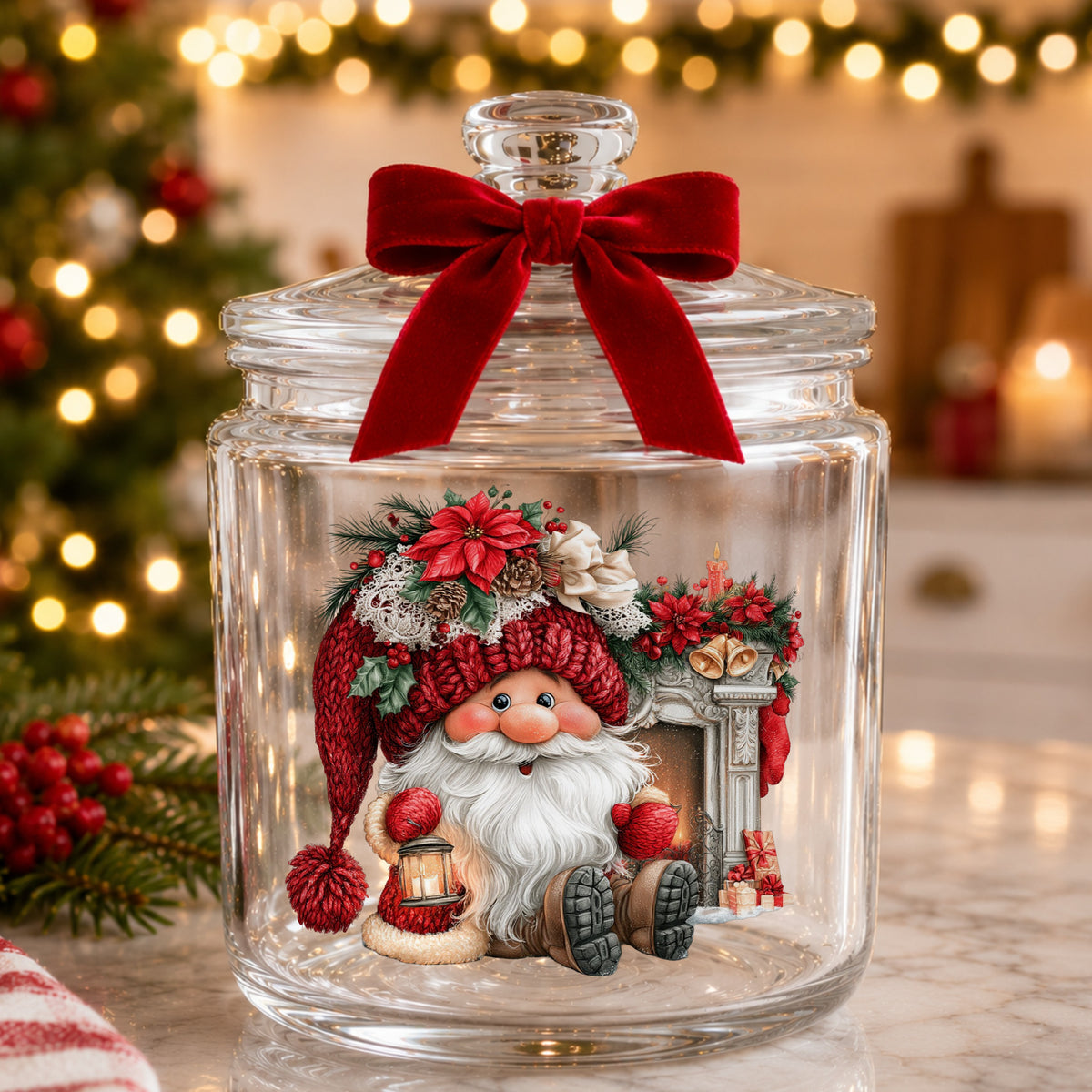 Gnome By Fireplace Mantel UV DTF sticker applied to a glass candy jar tied with a red bow