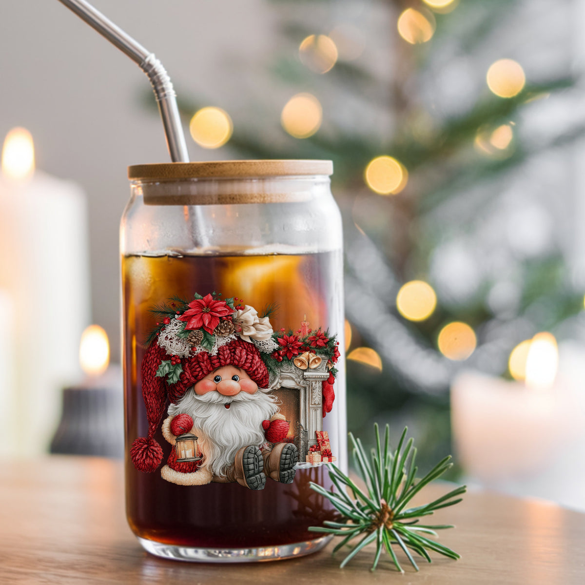 Gnome By Fireplace Mantel UV DTF sticker applied to a glass can cup of iced coffee with a straw