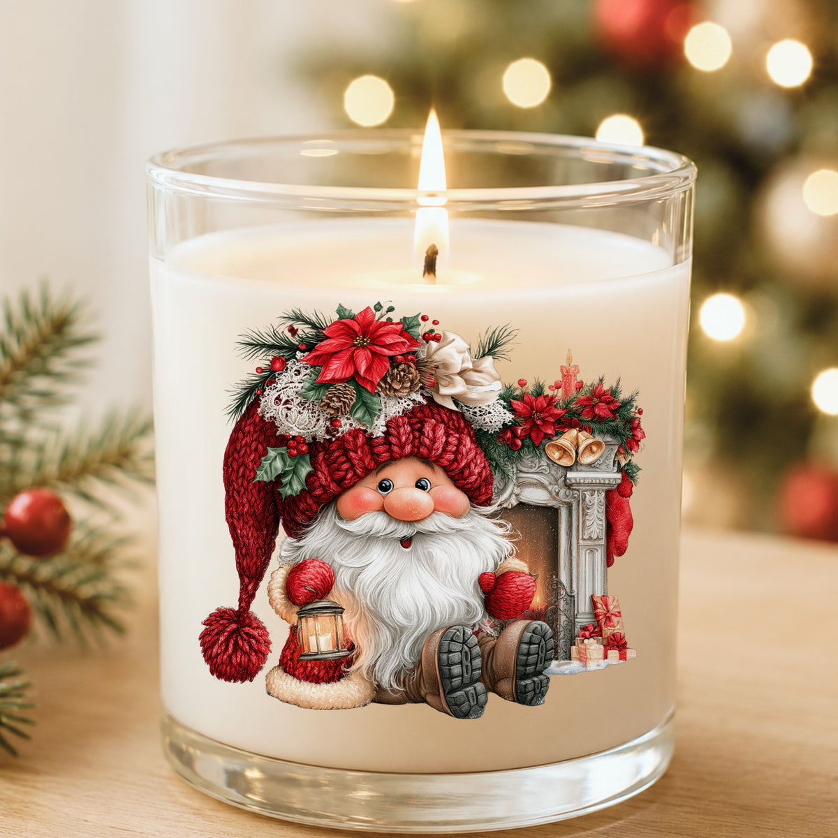 Gnome By Fireplace Mantel UV DTF sticker applied to a white candle in a glass holder near Christmas lights