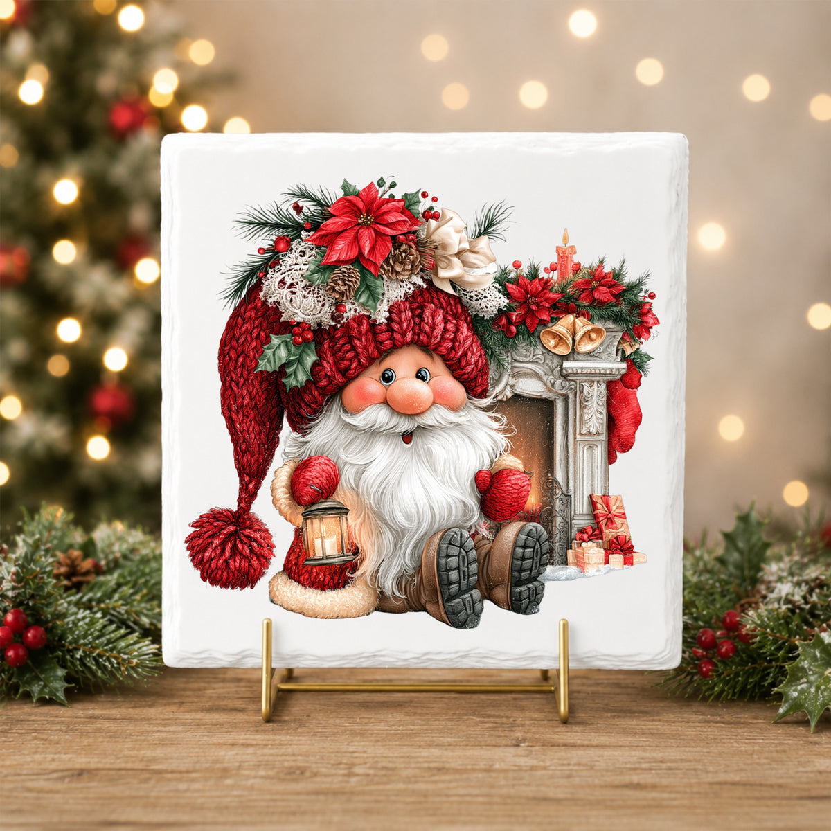 Gnome By Fireplace Mantel UV DTF sticker applied to a white tile on a gold stand