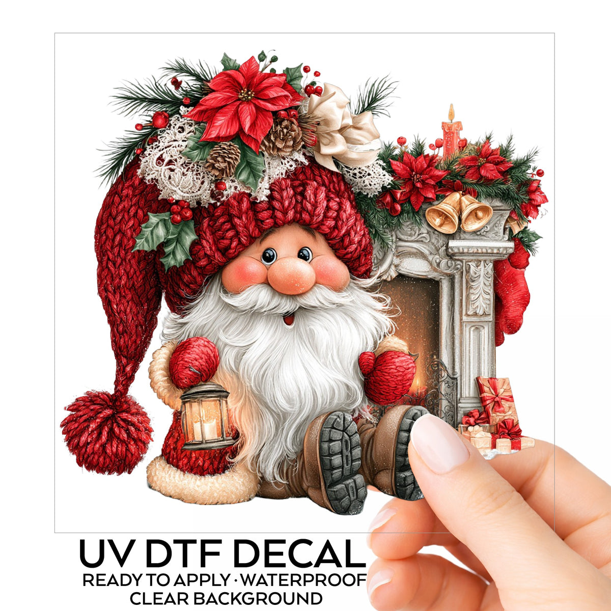 Gnome By Fireplace Mantel UV DTF sticker on its backing card, held in hand