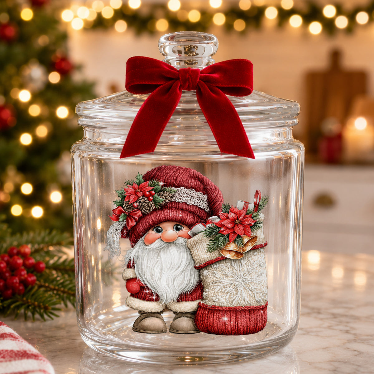 Gnome With Knit Christmas Stocking UV DTF sticker applied to a glass candy jar tied with a red bow