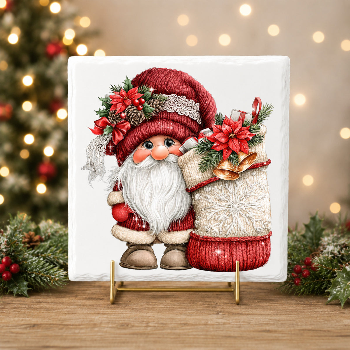 Gnome With Knit Christmas Stocking UV DTF sticker applied to a white tile on a gold stand
