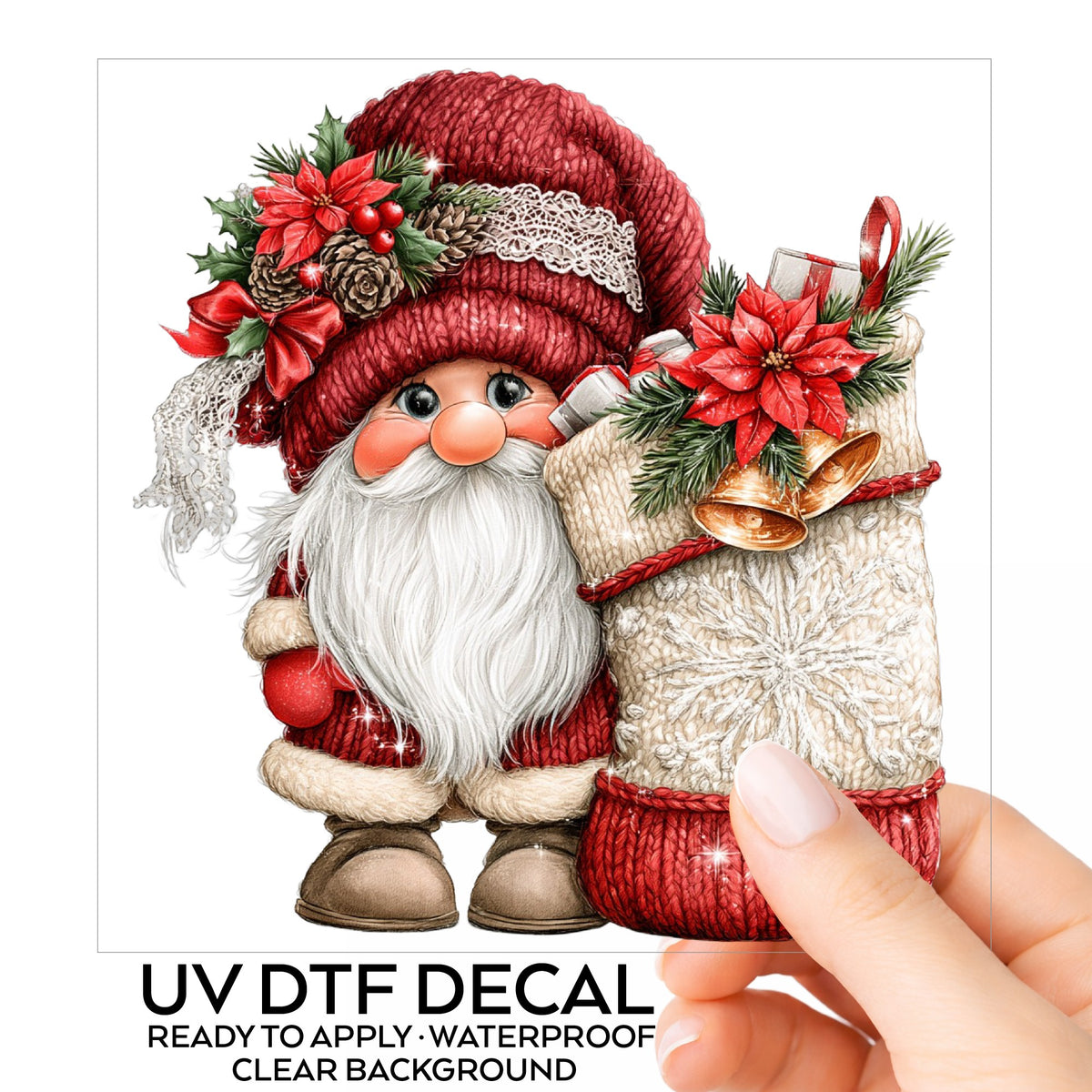 Gnome With Knit Christmas Stocking UV DTF sticker on its backing card, held in hand