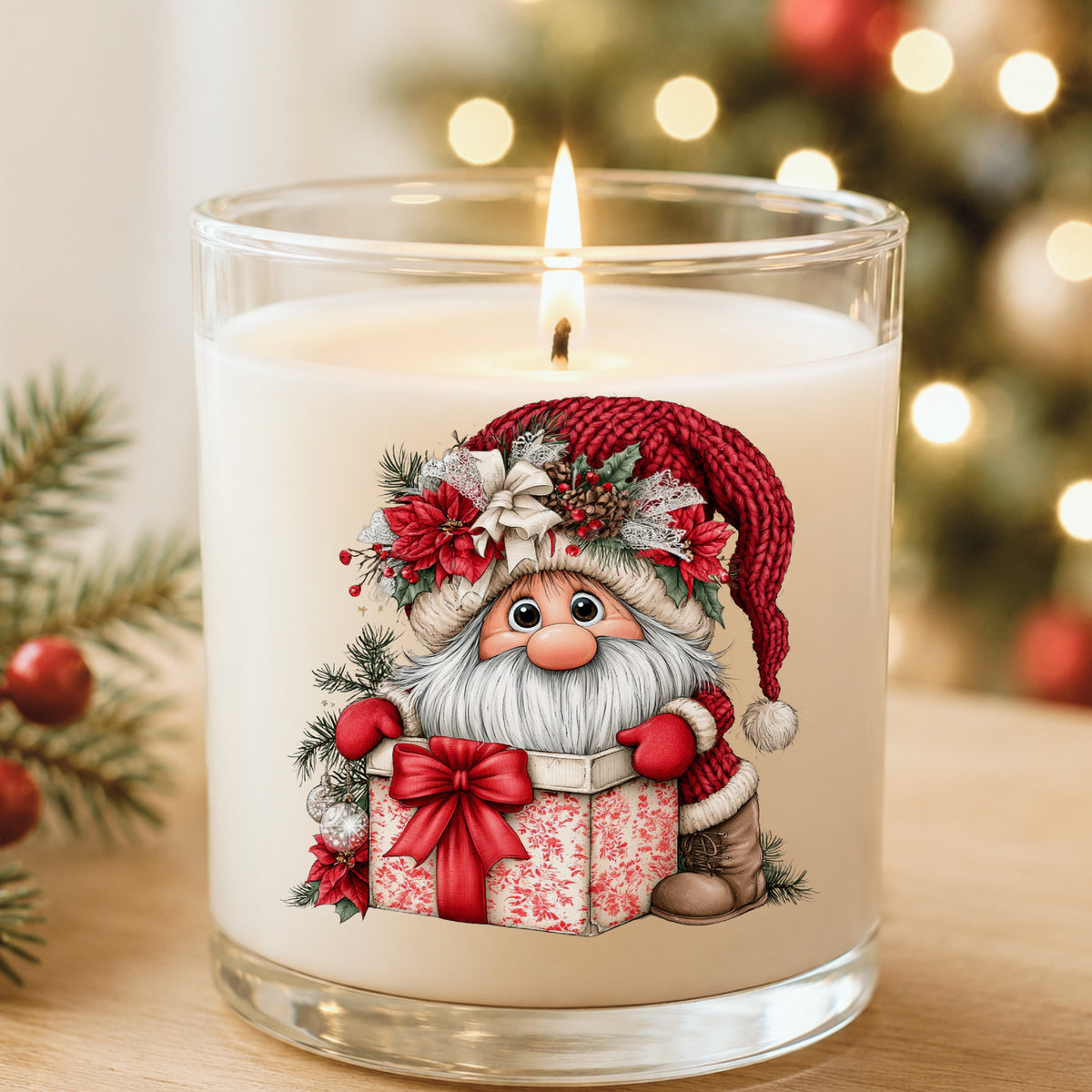 Gnome Peeking From Gift Box UV DTF sticker applied to a white candle in a glass holder near Christmas lights