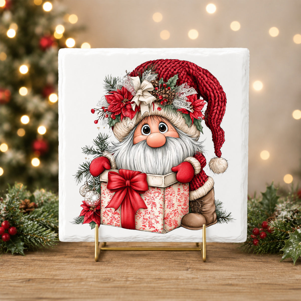 Gnome Peeking From Gift Box UV DTF sticker applied to a white tile on a gold stand