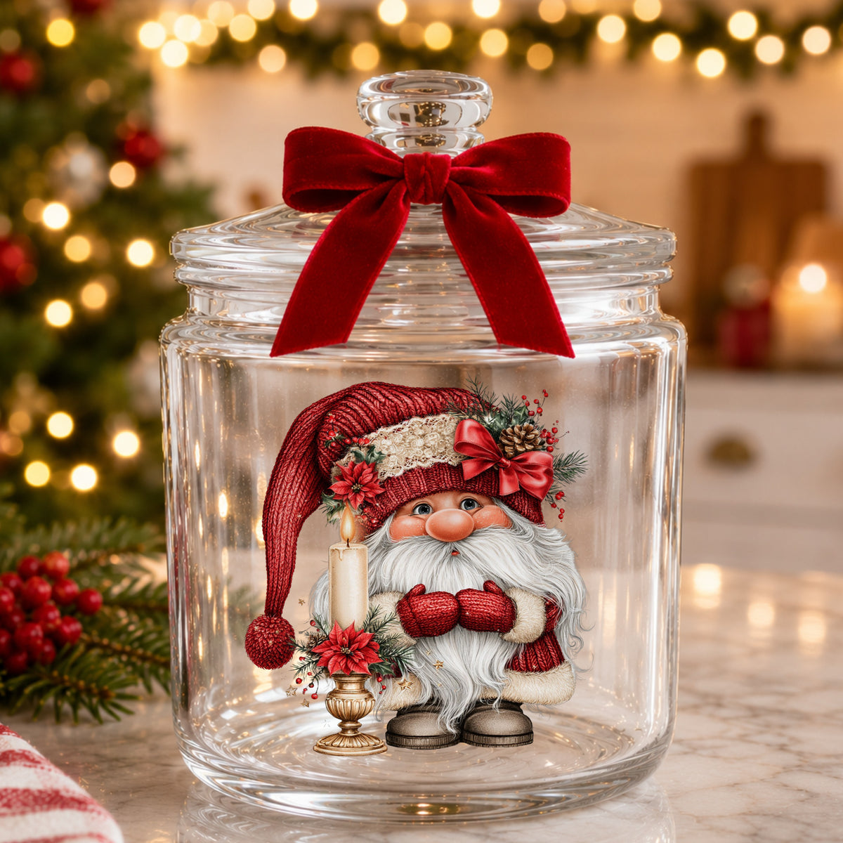 Gnome With Candle UV DTF sticker applied to a glass candy jar tied with a red bow