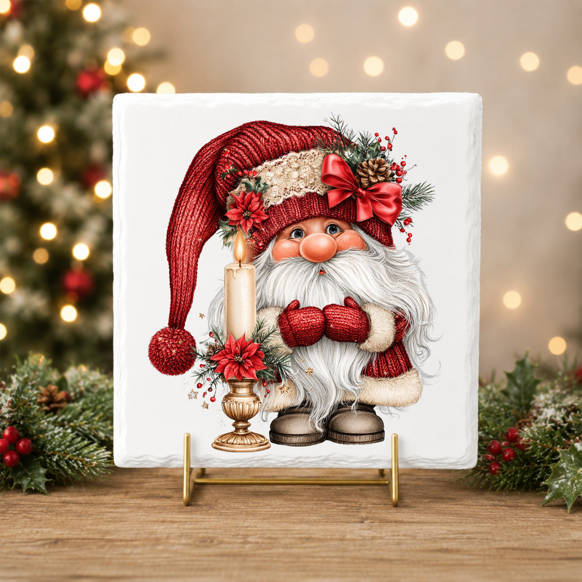 Gnome With Candle UV DTF sticker applied to a white tile on a gold stand