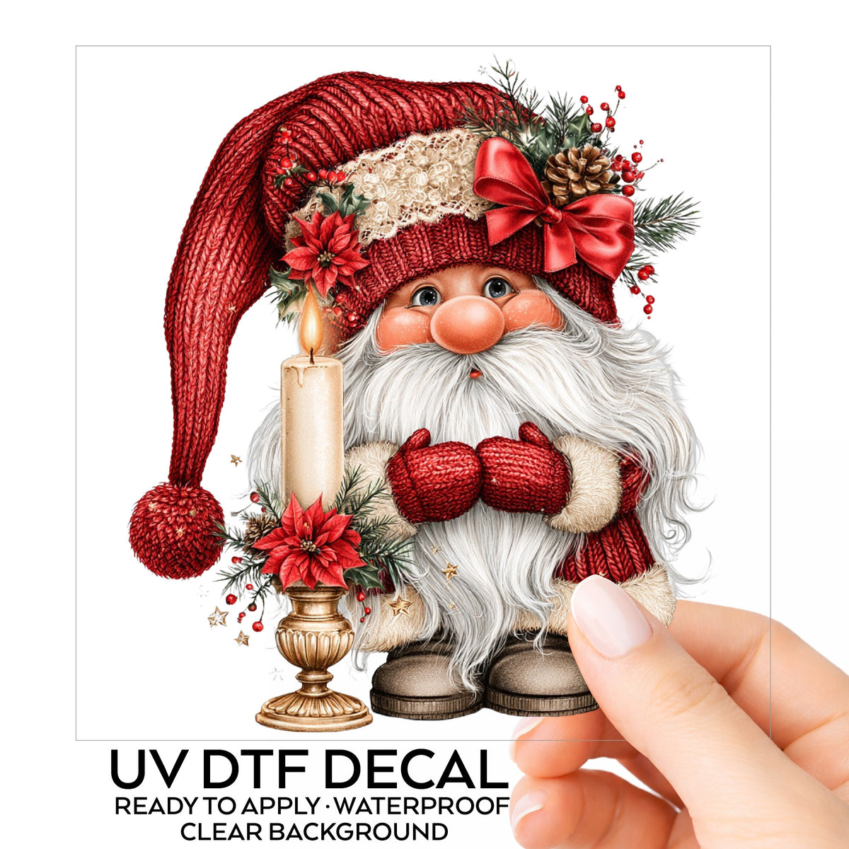 Gnome With Candle UV DTF sticker on its backing card, held in hand