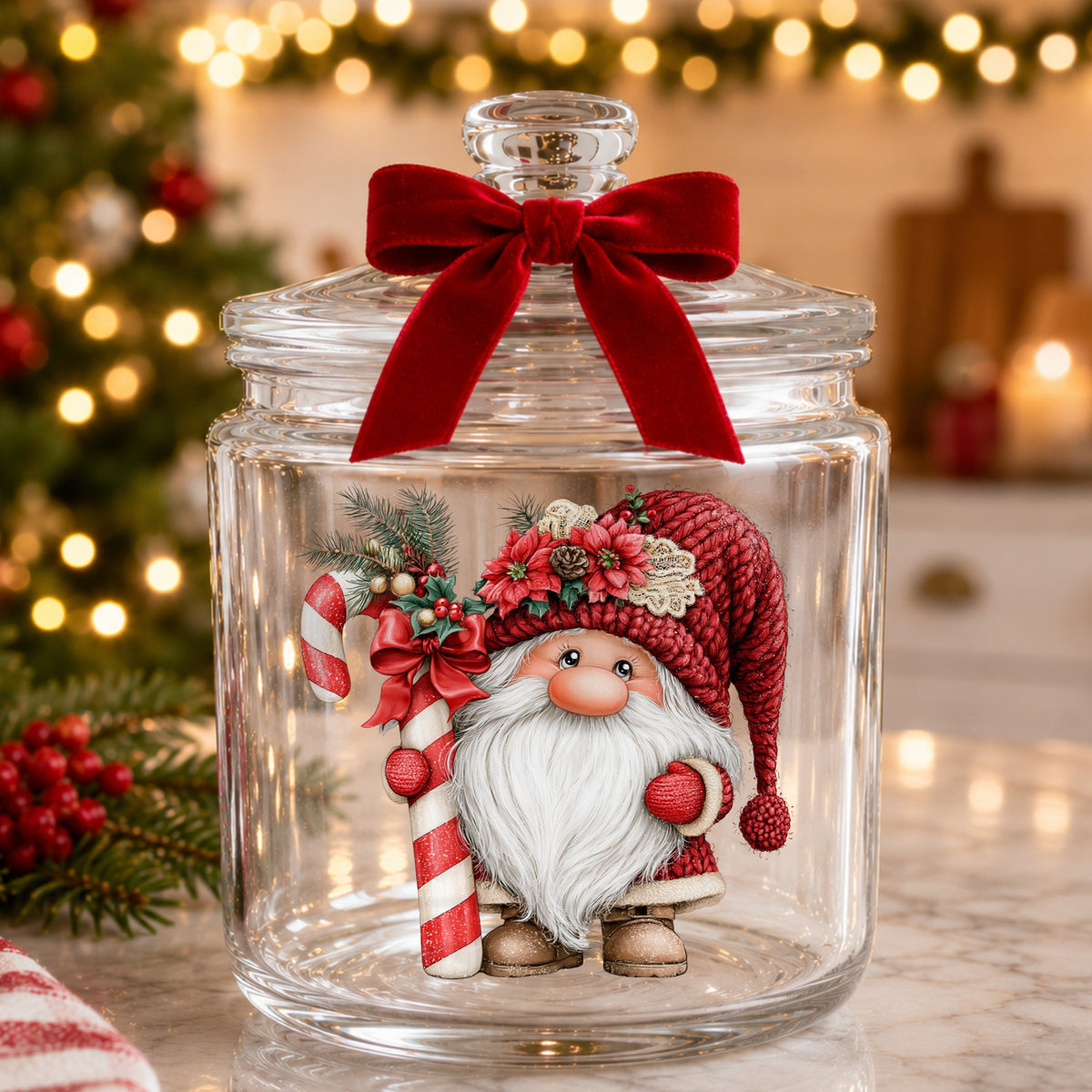 Candy Cane Gnome UV DTF sticker applied to a glass candy jar tied with a red bow