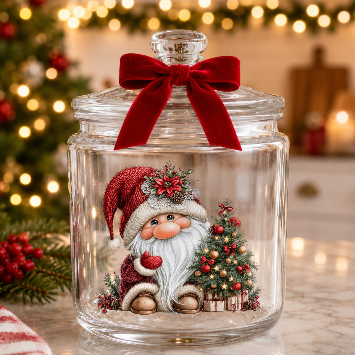 Gnome With Decorated Christmas Tree UV DTF sticker applied to a glass candy jar tied with a red bow