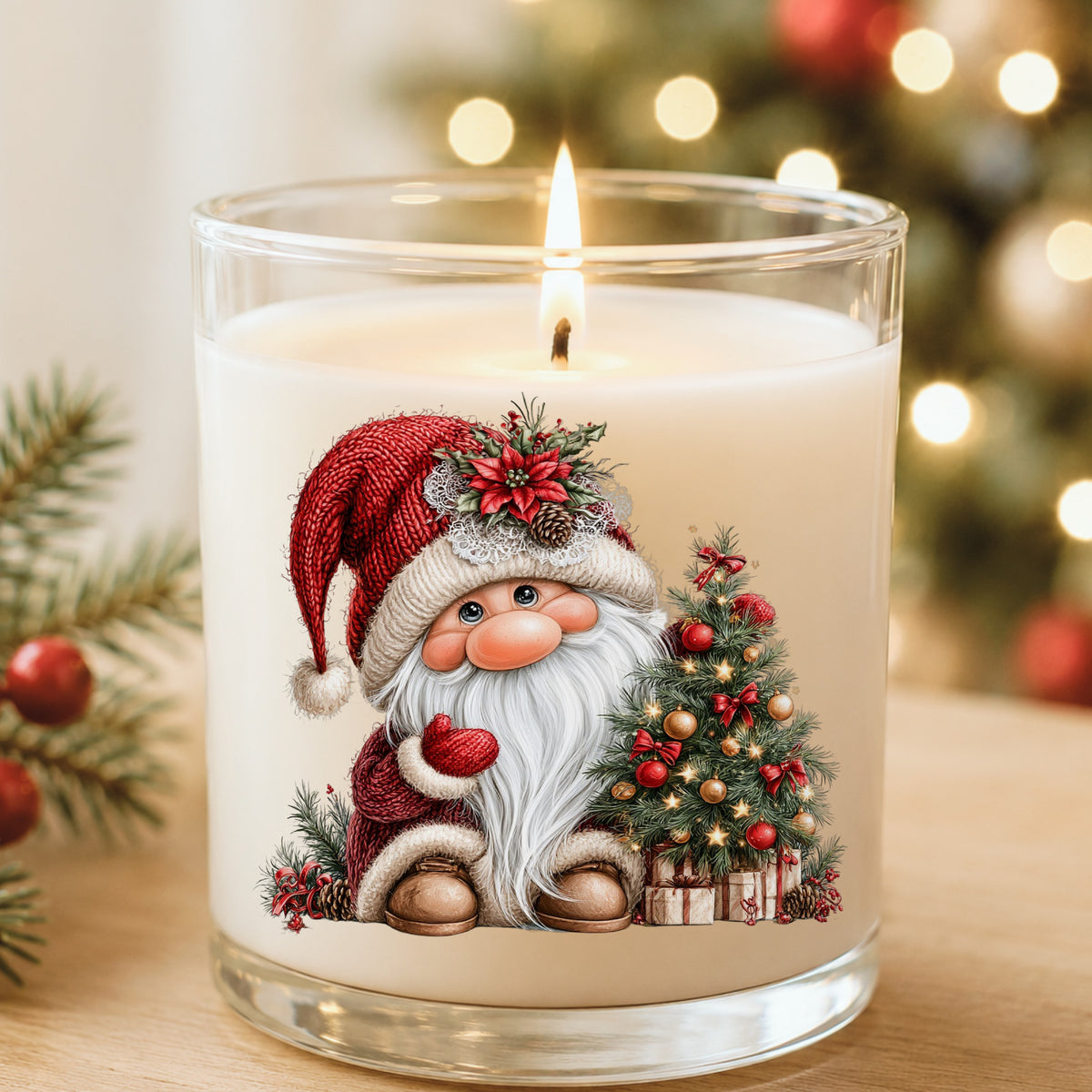 Gnome With Decorated Christmas Tree UV DTF sticker applied to a white candle in a glass holder near Christmas lights