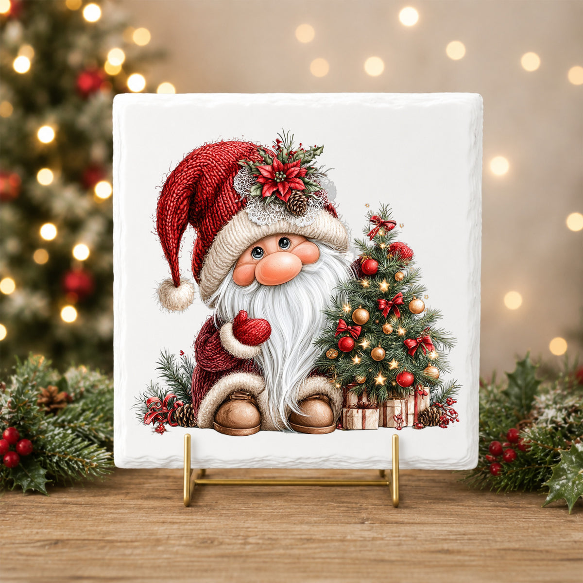 Gnome With Decorated Christmas Tree UV DTF sticker applied to a white tile on a gold stand