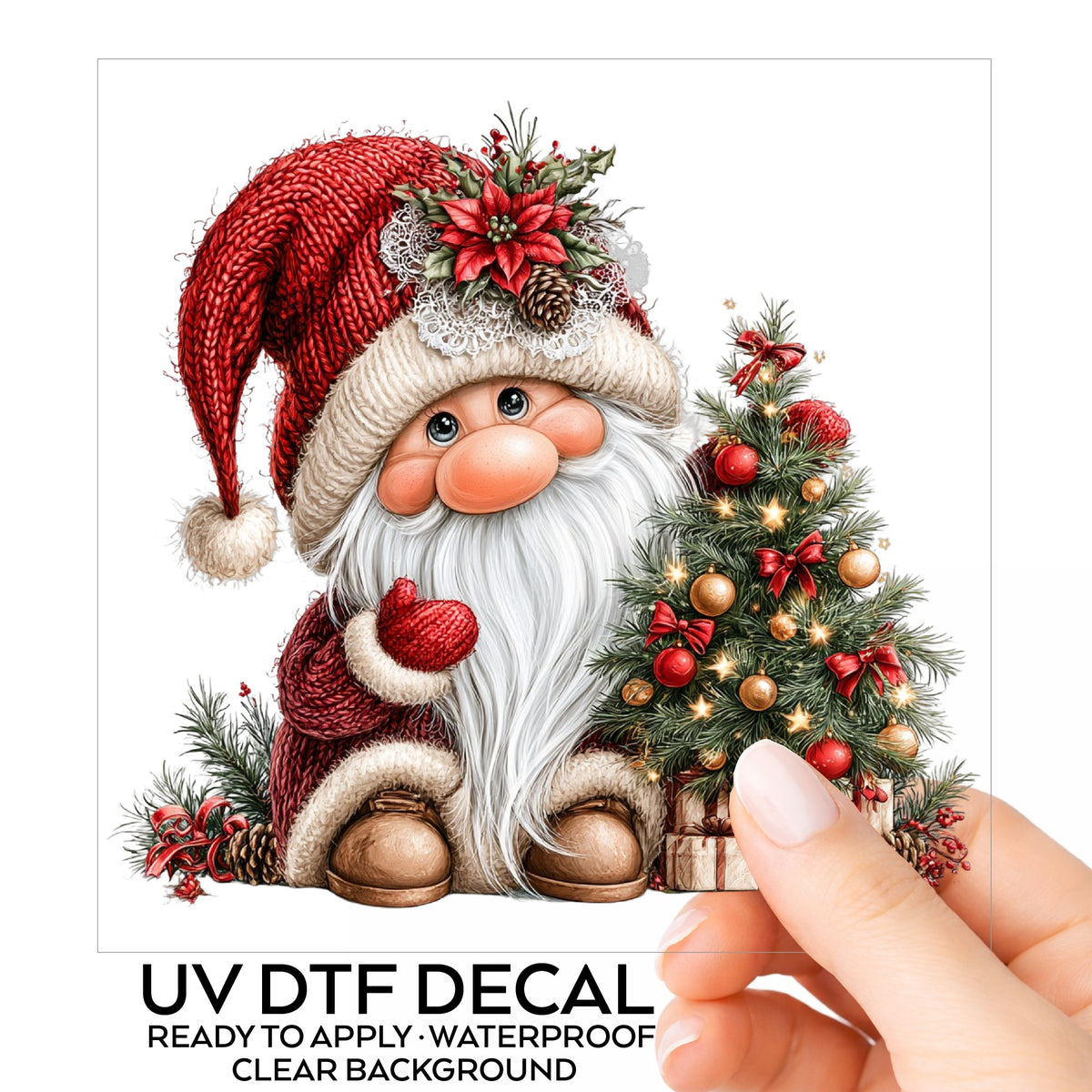 Gnome With Decorated Christmas Tree UV DTF sticker on its backing card, held in hand