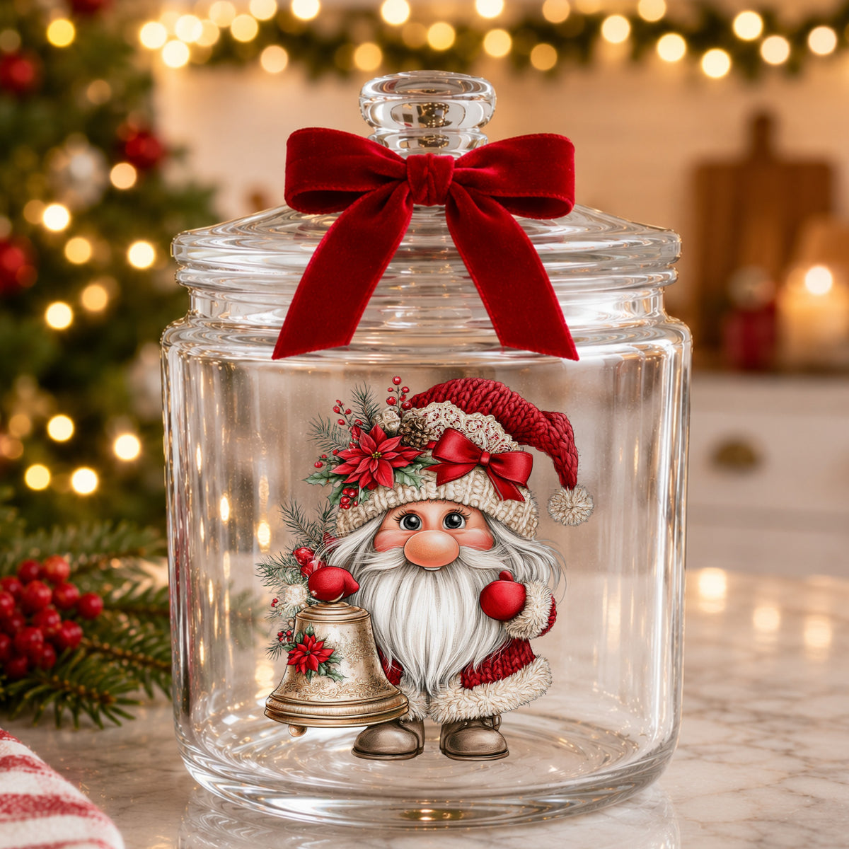 Gnome With Brass Bell UV DTF sticker applied to a glass candy jar tied with a red bow