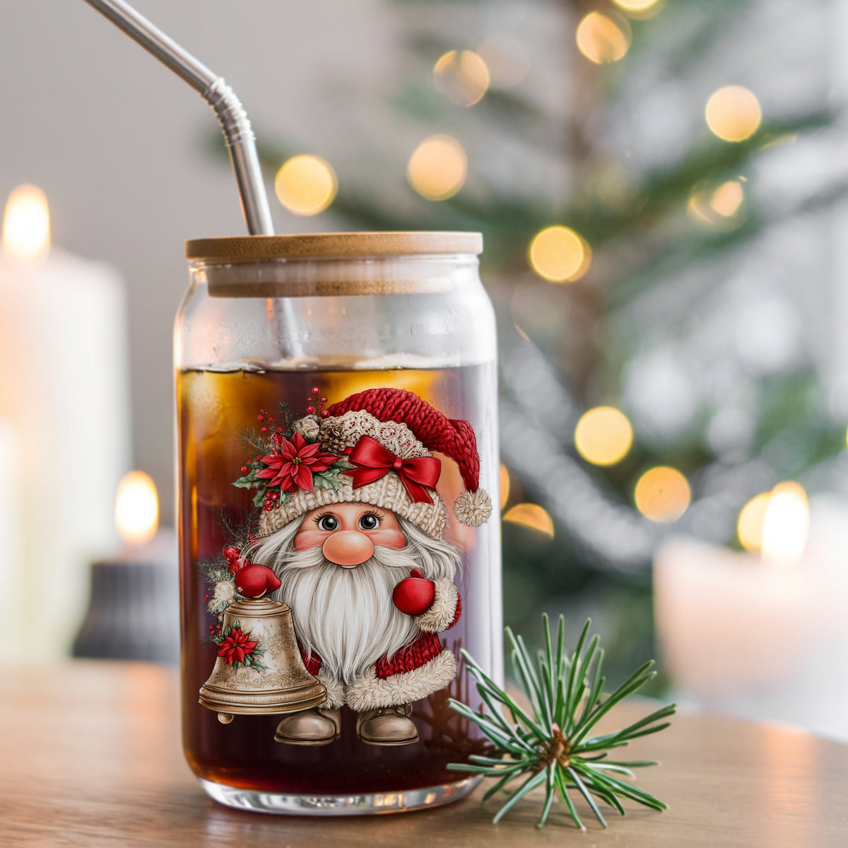 Gnome With Brass Bell UV DTF sticker applied to a glass can cup of iced coffee with a straw