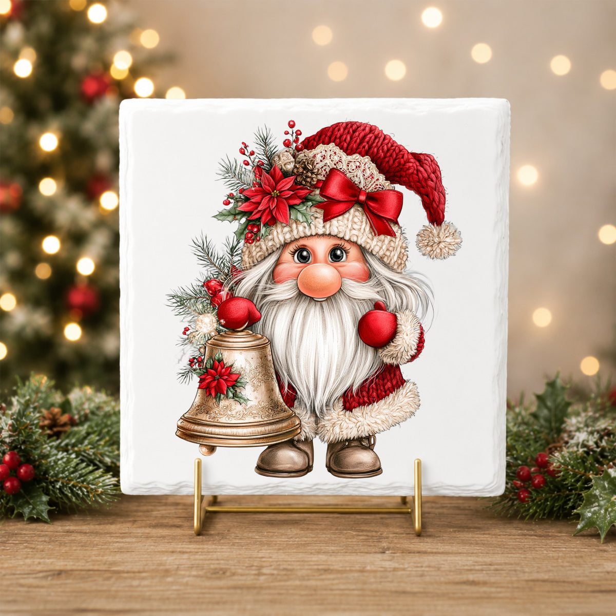 Gnome With Brass Bell UV DTF sticker applied to a white tile on a gold stand