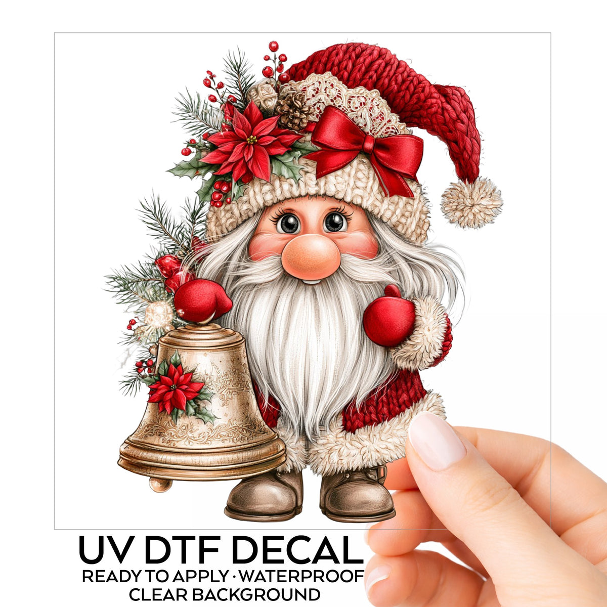 Gnome With Brass Bell UV DTF sticker on its backing card, held in hand