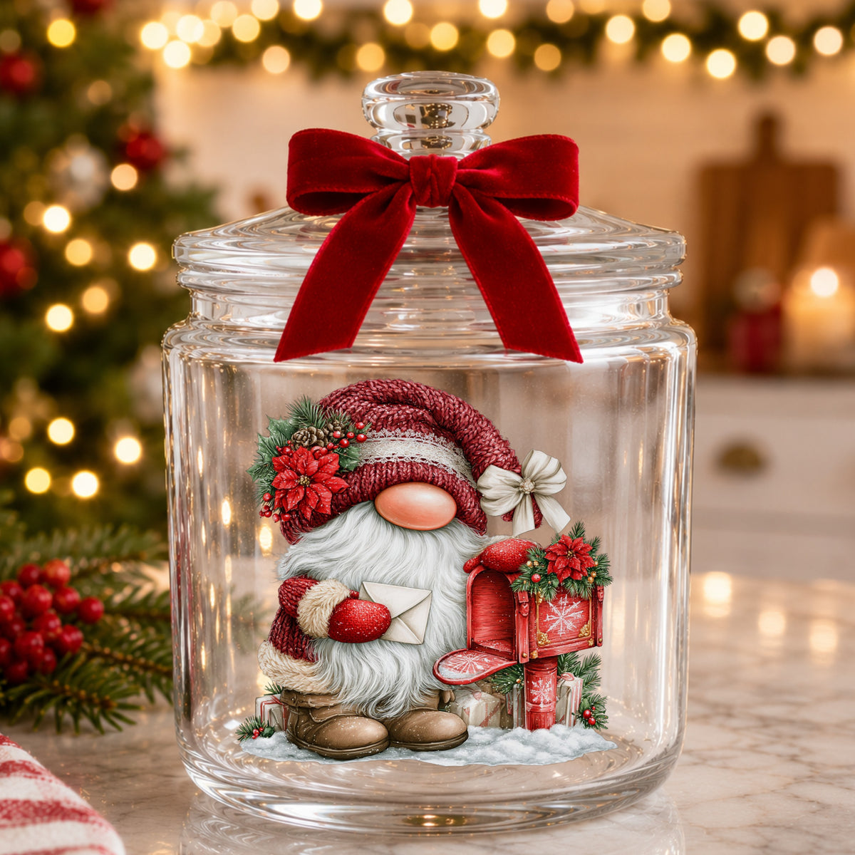 Gnome Mailing Letter At Red Mailbox UV DTF sticker applied to a glass candy jar tied with a red bow